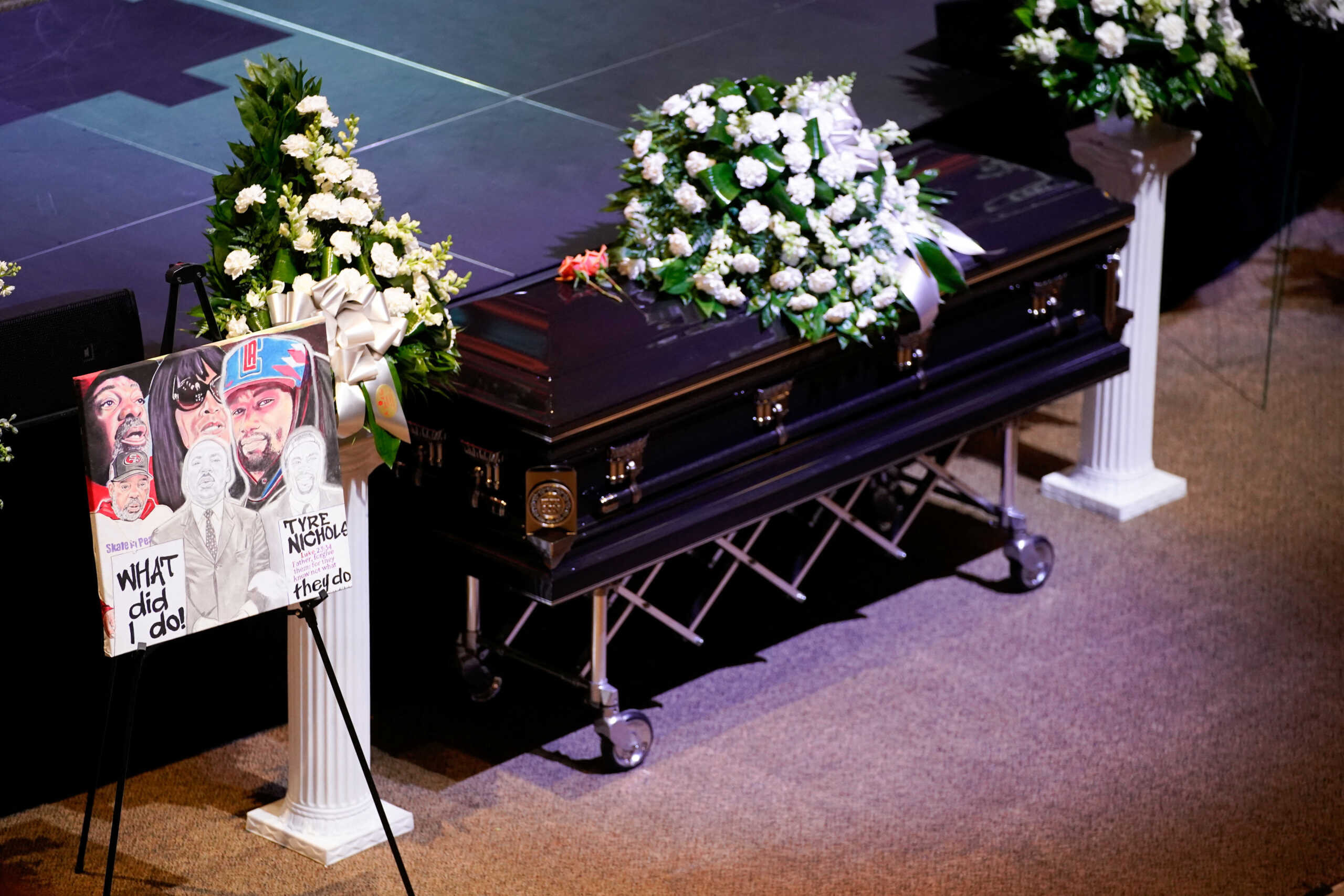 Tyre Nichols casket is seen during his funeral at Mississippi Boulevard Christian Church in Memphis, Tenn., on Wednesday, Feb. 1, 2023. Andrew Nelles