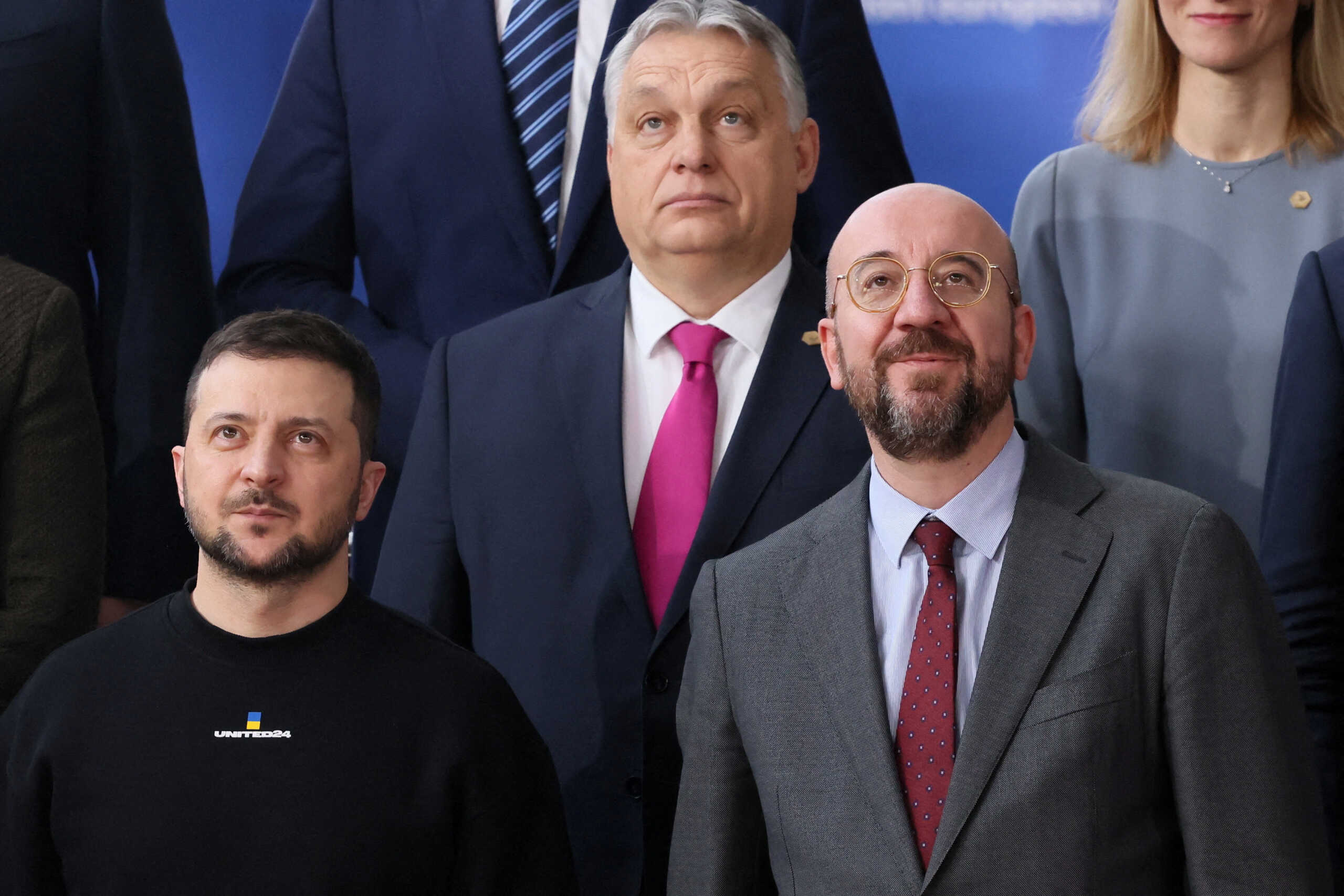 European Council President Charles Michel, Ukrainian President Volodymyr Zelenskiy and Hungary's Prime Minister Viktor Orban pose for a family photo as they attend the European leaders summit in Brussels, Belgium February 9, 2023. REUTERS
