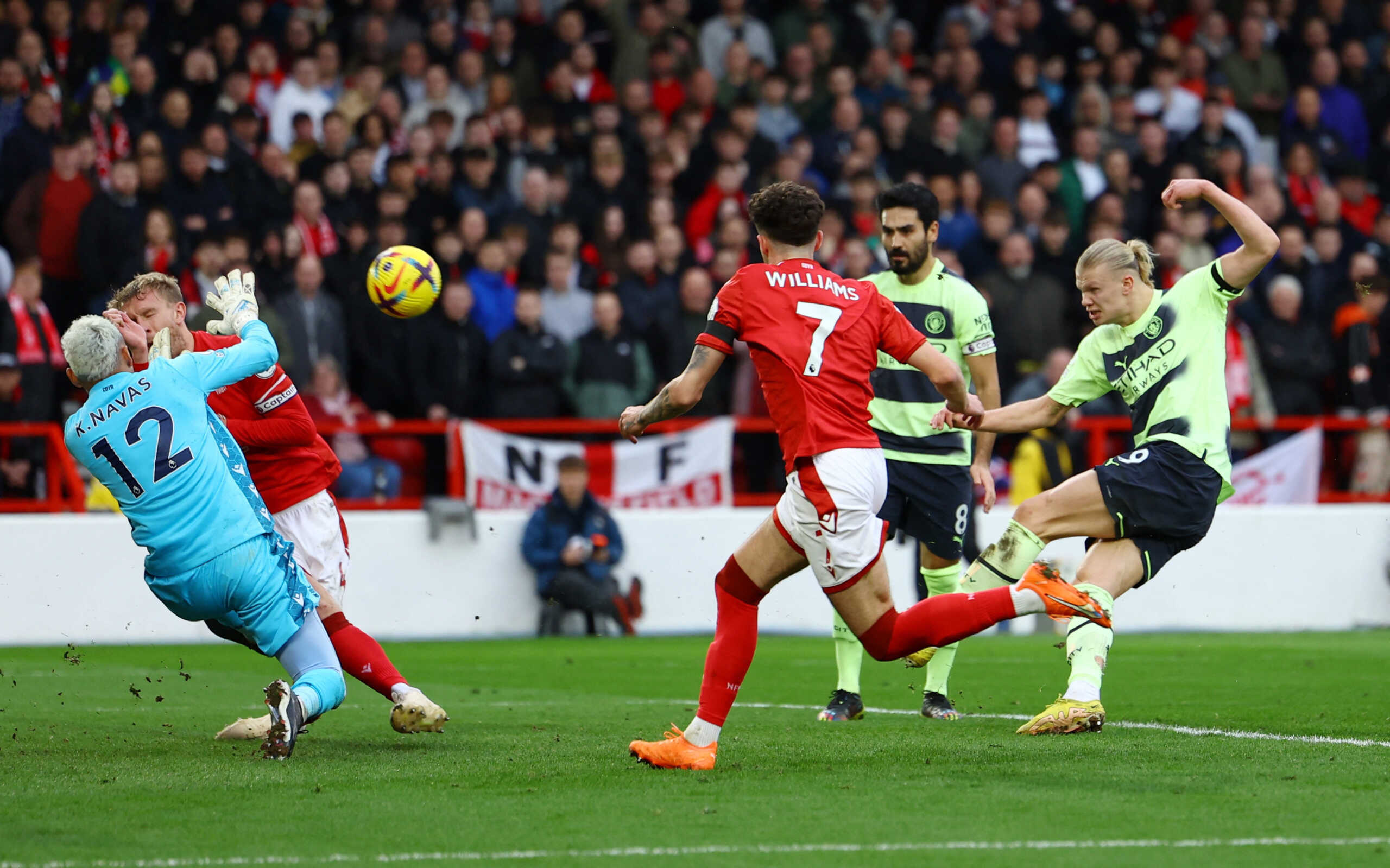 Soccer Football - Premier League - Nottingham Forest v Manchester City - The City Ground, Nottingham, Britain - February 18, 2023 Manchester City's Erling Braut Haaland shoots at goal REUTERS