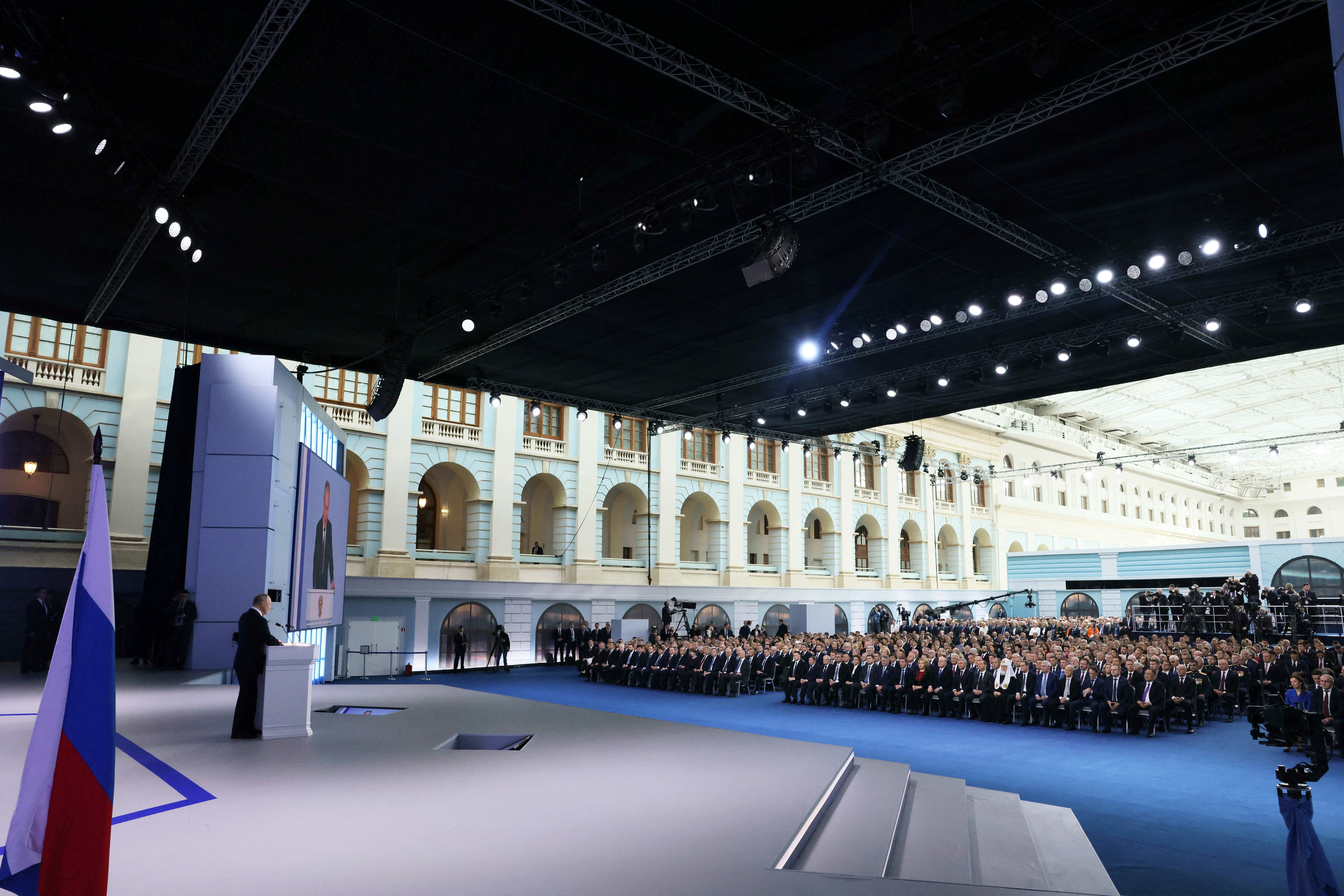 Russian President Vladimir Putin delivers his annual address to the Federal Assembly in Moscow, Russia February 21, 2023. Sputnik