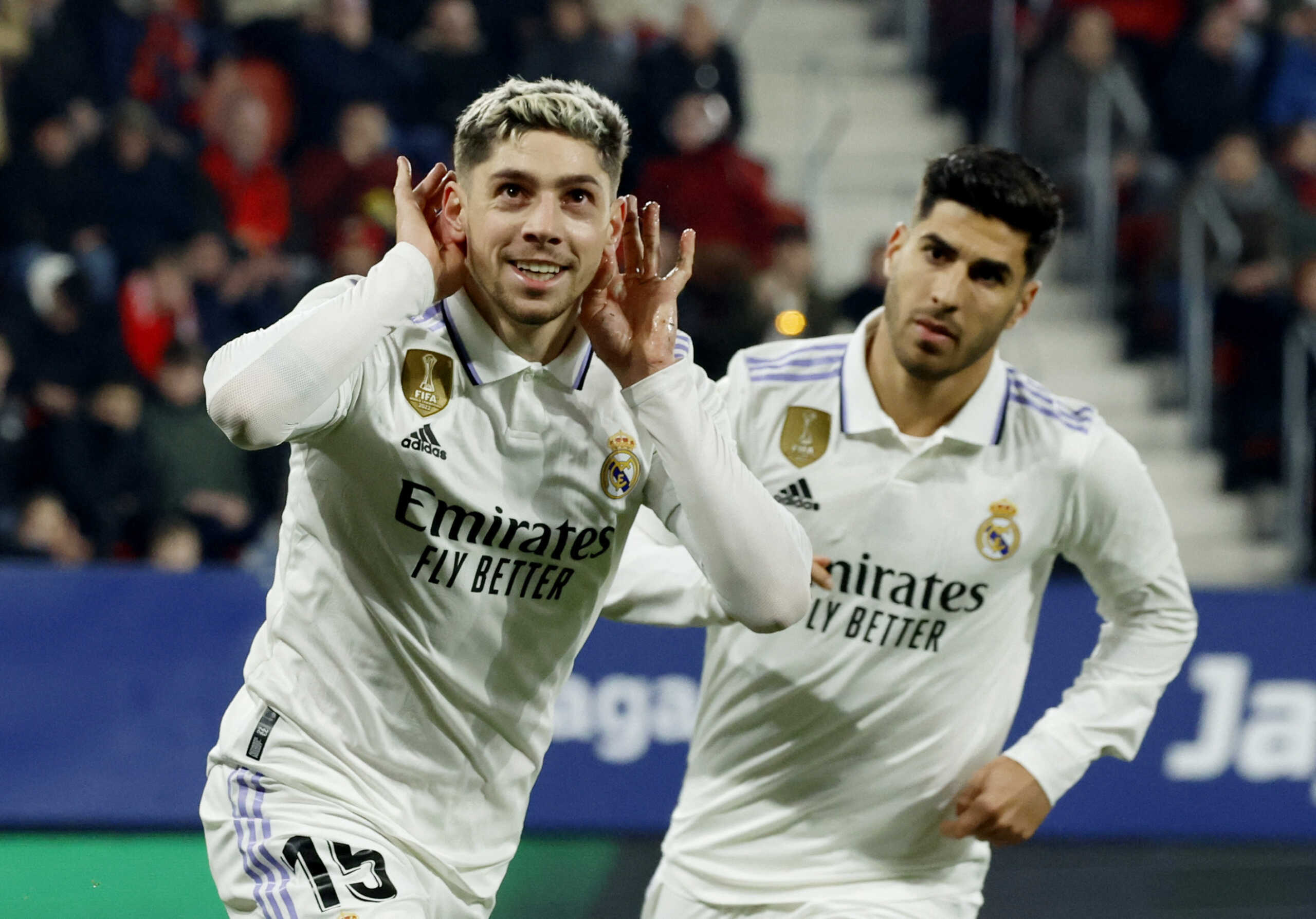 Soccer Football - LaLiga - Osasuna v Real Madrid - El Sadar Stadium, Pamplona, Spain - February 18, 2023 Real Madrid's Federico Valverde celebrates scoring their first goal REUTERS