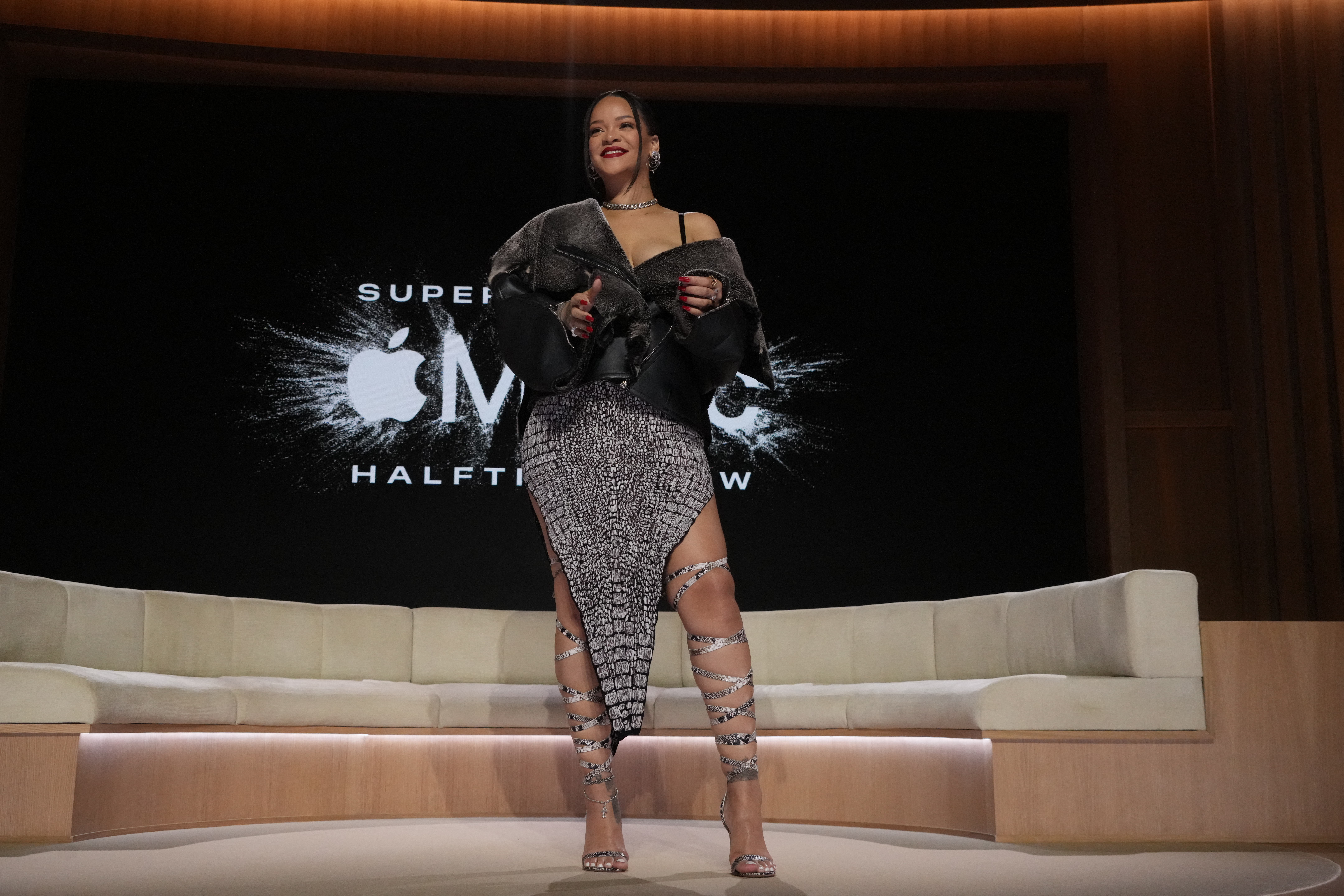 Feb 9, 2023; Phoenix, AZ, USA; Rihanna during the Halftime Show Press Conference at Phoenix Convention Center. Mandatory Credit: Kirby Lee-USA TODAY Sports