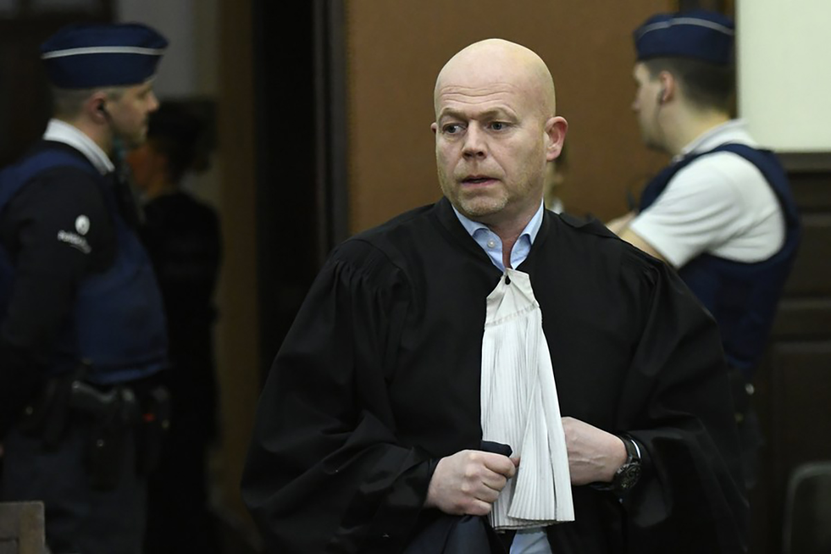 epa06505056 Belgian lawyer, Sven Mary, representing Paris attacks suspect Salah Abdeslam,on the second day of the trial of Terror suspects Salah Abdeslam and Sofiane Ayari also known as Amine Choukri l in Brussels, Belgium, 08 February 2018. After the first day of trial on 07 February 2018, Abdeslam decided not to attend the court. The two defendants are charged with attempted murder over a shootout at the Rue du Dries with Brussels police in March 2016 before they were arrested following the 2015 November terror attacks in Paris, in which 130 people were killed.  EPA