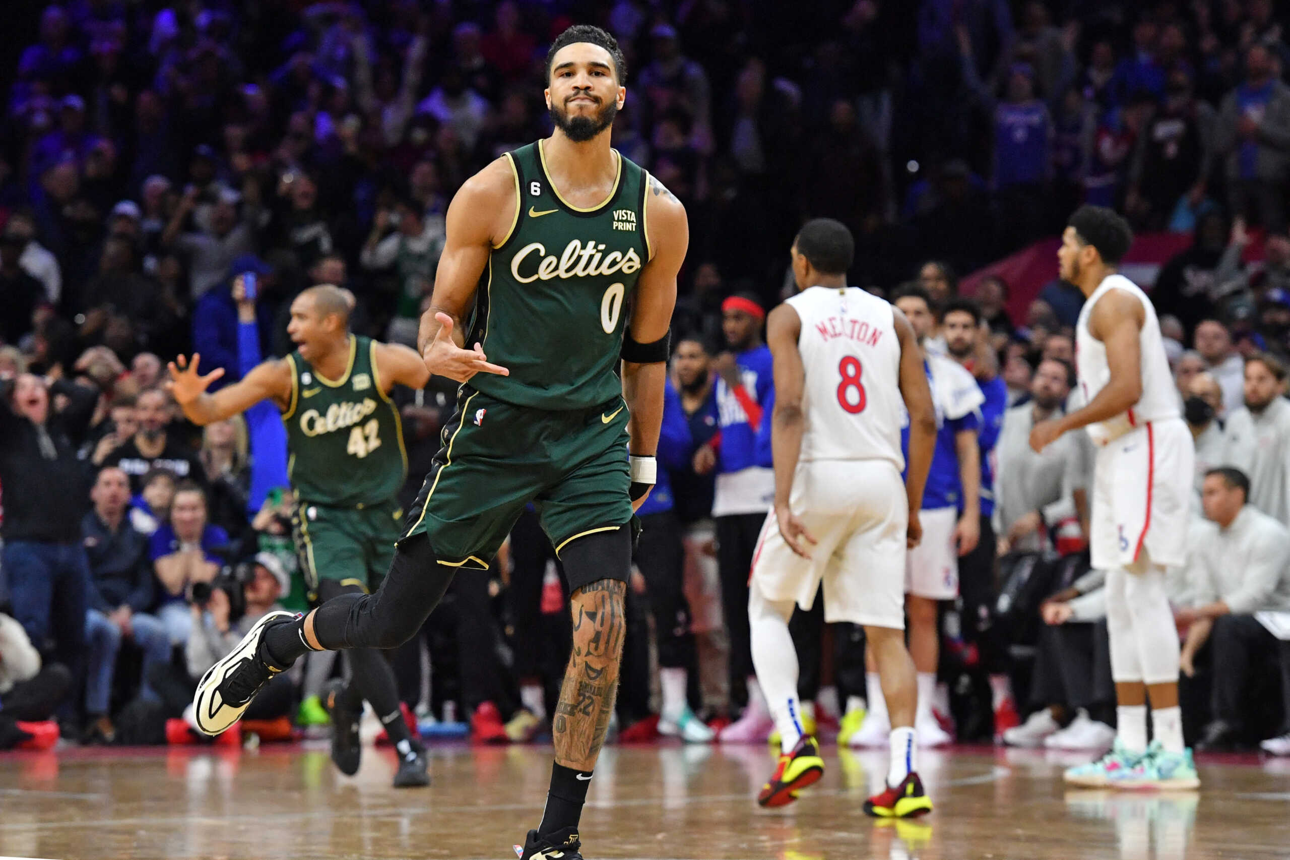 Feb 25, 2023; Philadelphia, Pennsylvania, USA; Boston Celtics forward Jayson Tatum (0) celebrates his game-winning basket against the Philadelphia 76ers during the fourth quarter at Wells Fargo Center. Mandatory Credit: Eric Hartline-USA TODAY Sports