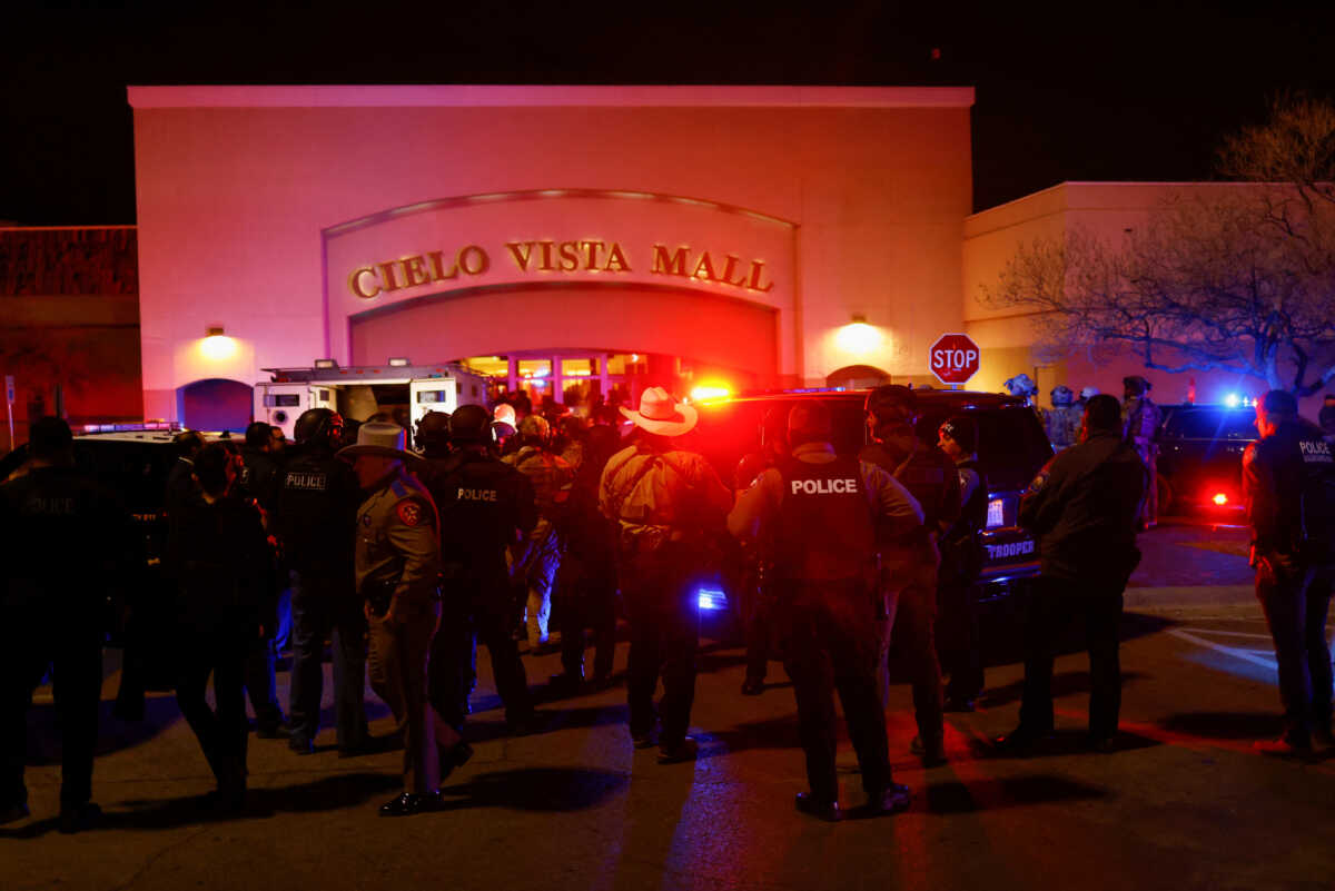 Law enforcement members gather outside the Cielo Vista Mall after a shooting, in El Paso, Texas, U.S February 15,2023. REUTERS