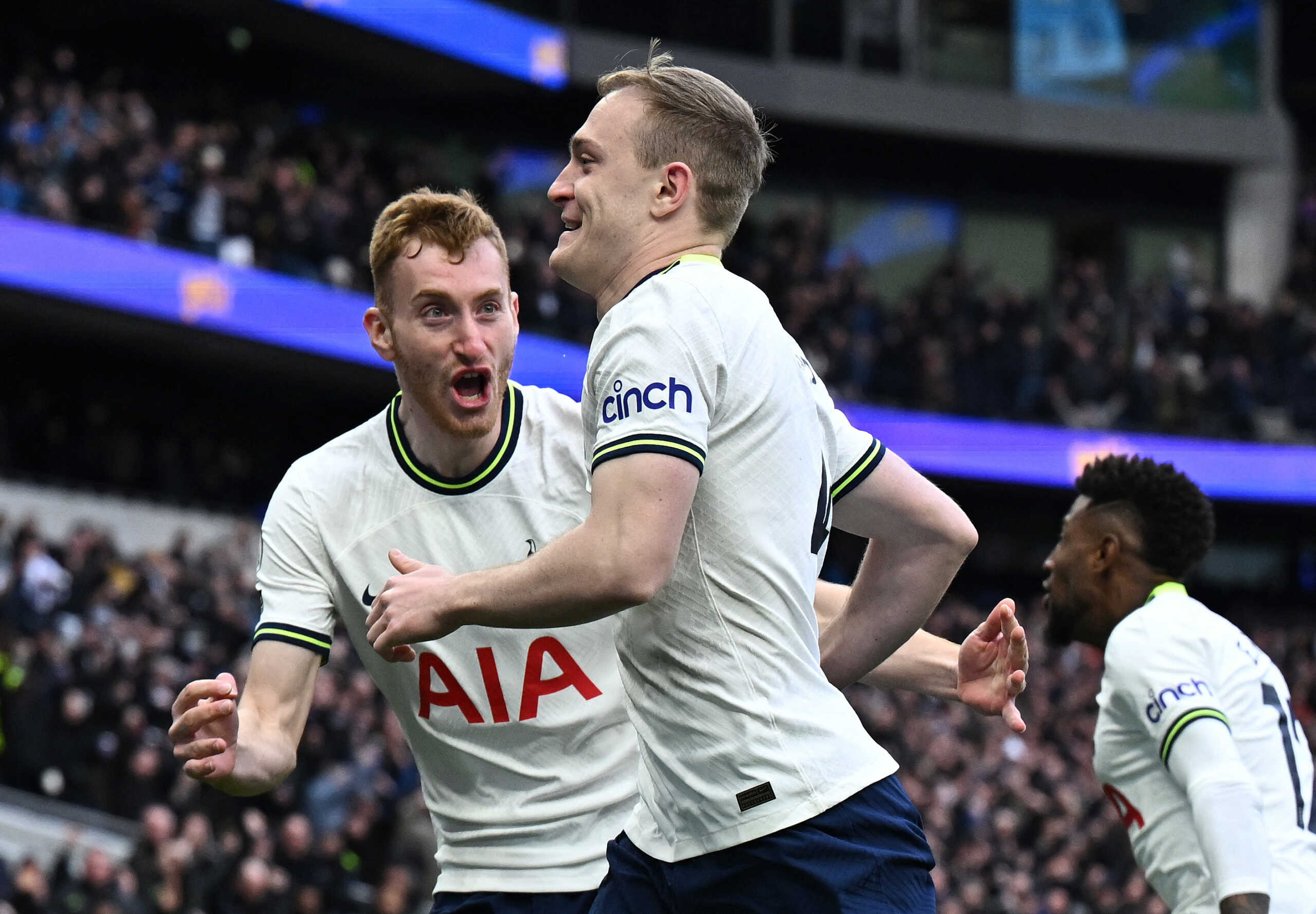 Soccer Football - Premier League - Tottenham Hotspur v Chelsea - Tottenham Hotspur Stadium, London, Britain - February 26, 2023 Tottenham Hotspur's Oliver Skipp celebrates scoring their first goal with Dejan Kulusevski REUTERS