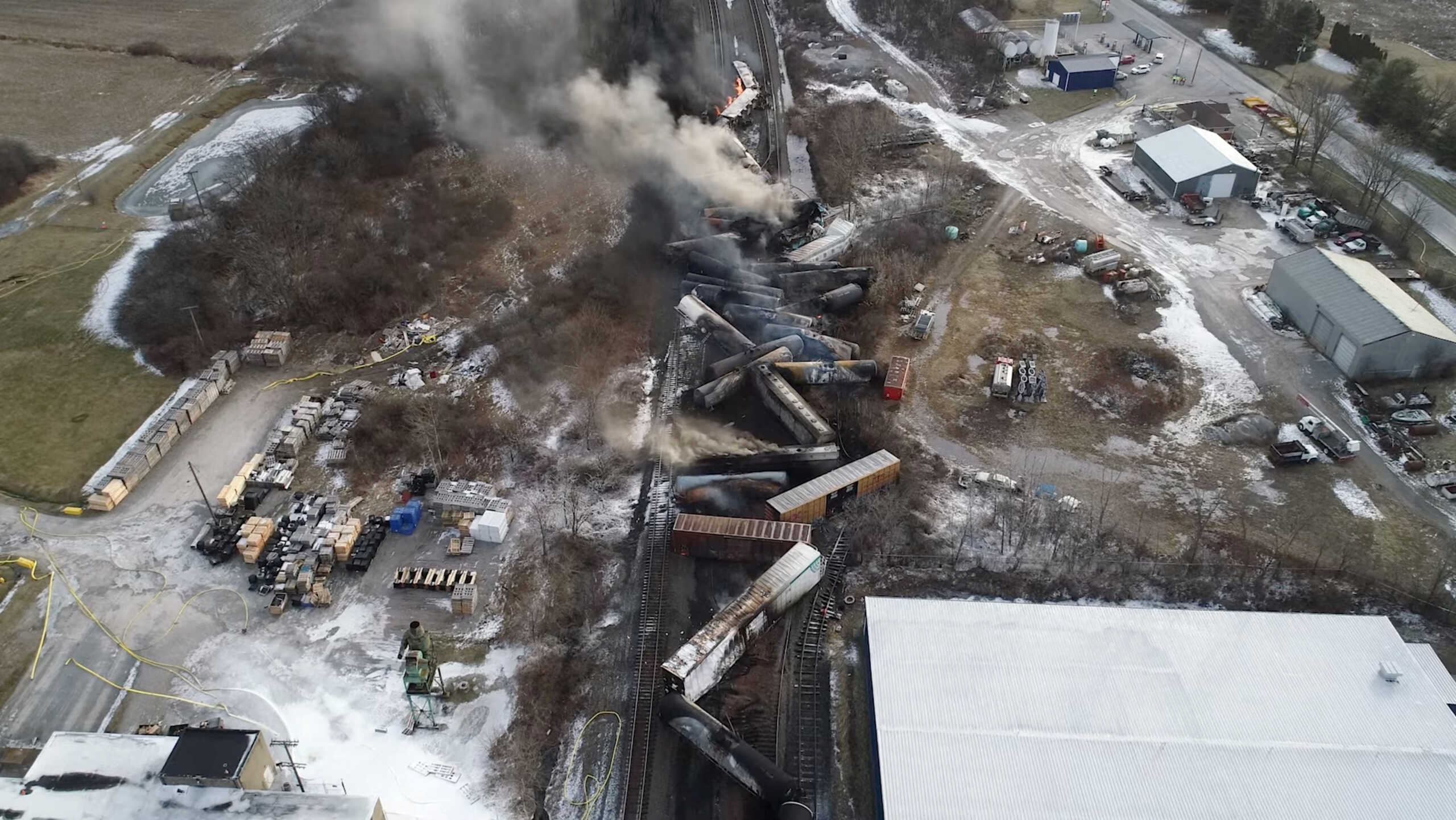 FILE PHOTO: Drone footage shows the freight train derailment in East Palestine, Ohio, U.S., February 6, 2023 in this screengrab obtained from a handout video released by the NTSB. NTSBGov