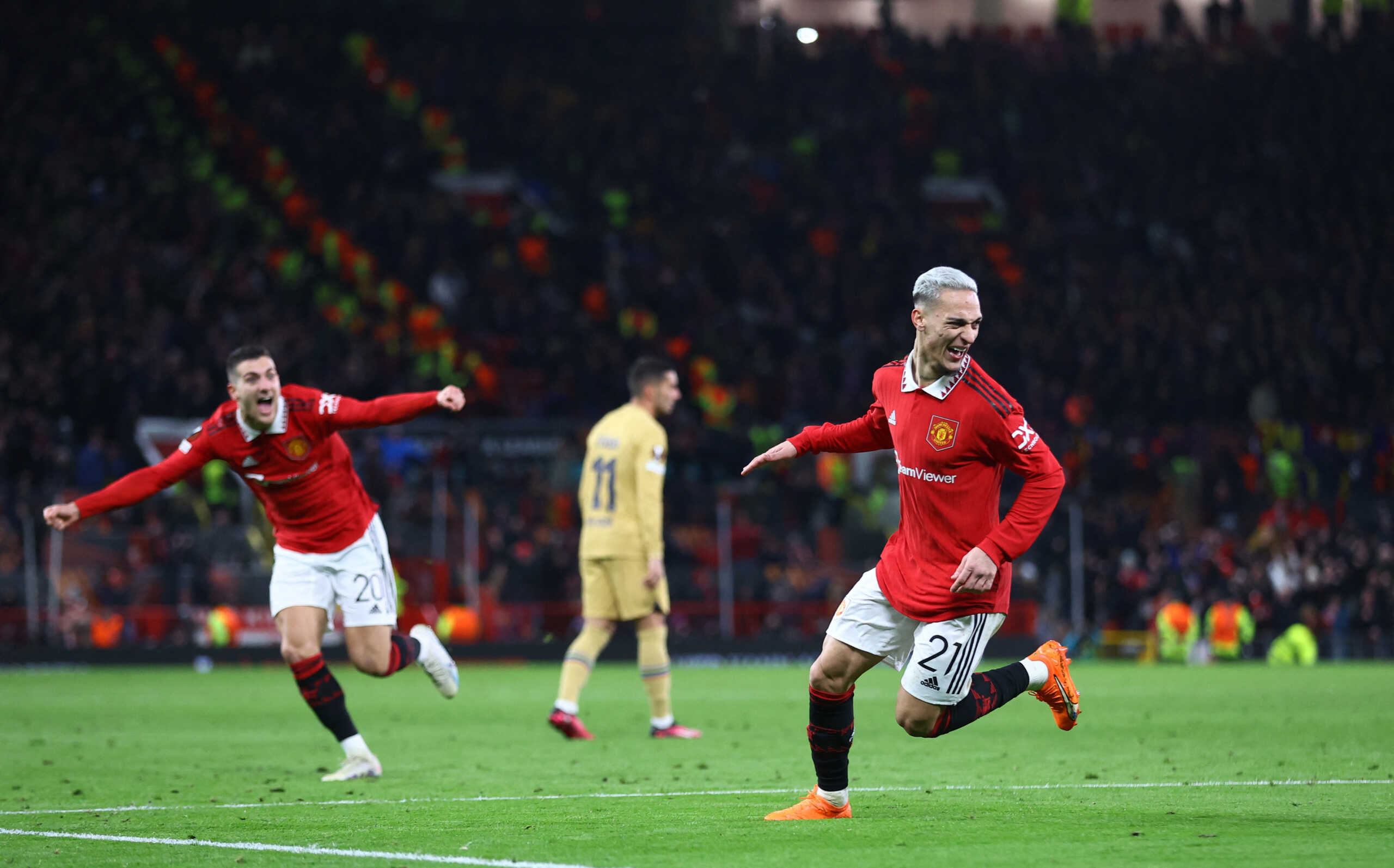 Soccer Football - Europa League - Play-Off Second Leg - Manchester United v FC Barcelona - Old Trafford, Manchester, Britain - February 23, 2023 Manchester United's Antony celebrates scoring their second goal REUTERS