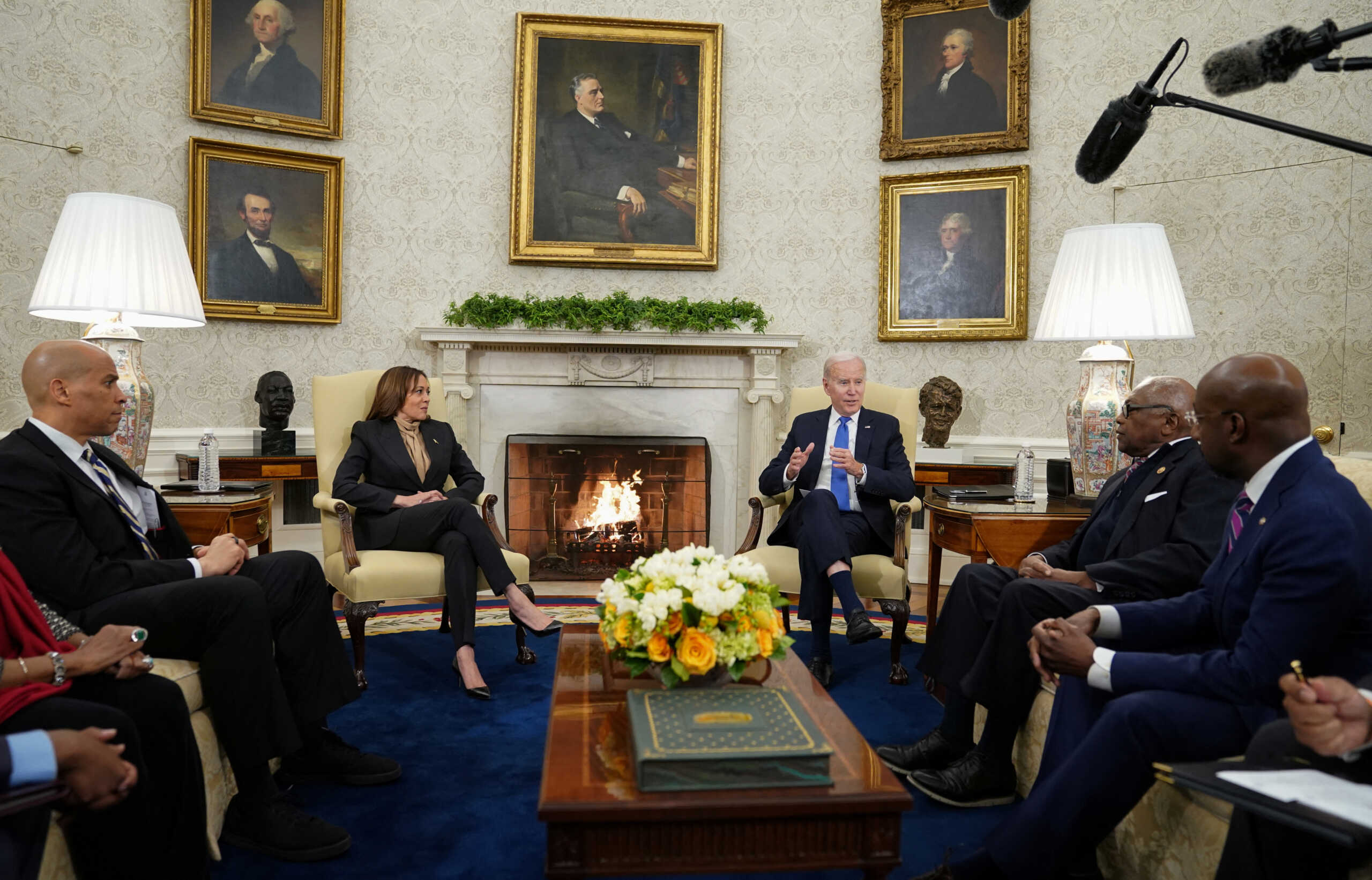 U.S. President Joe Biden and Vice President Kamala Harris meet with members of the Congressional Black Caucus at the White House in Washington, U.S., February 2, 2023.  REUTERS