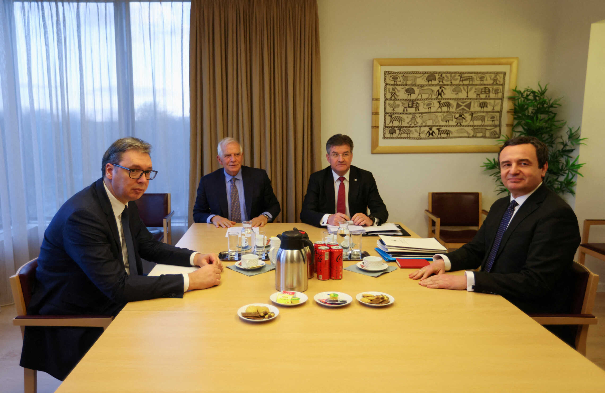 Serbian President Aleksandar Vucic, Kosovar Prime Minister Albin Kurti, European Union foreign policy chief Josep Borrell and EU Special Representative of Europe Miroslav Lajcak attend EU-sponsored talks in Brussels, Belgium February 27, 2023. REUTERS