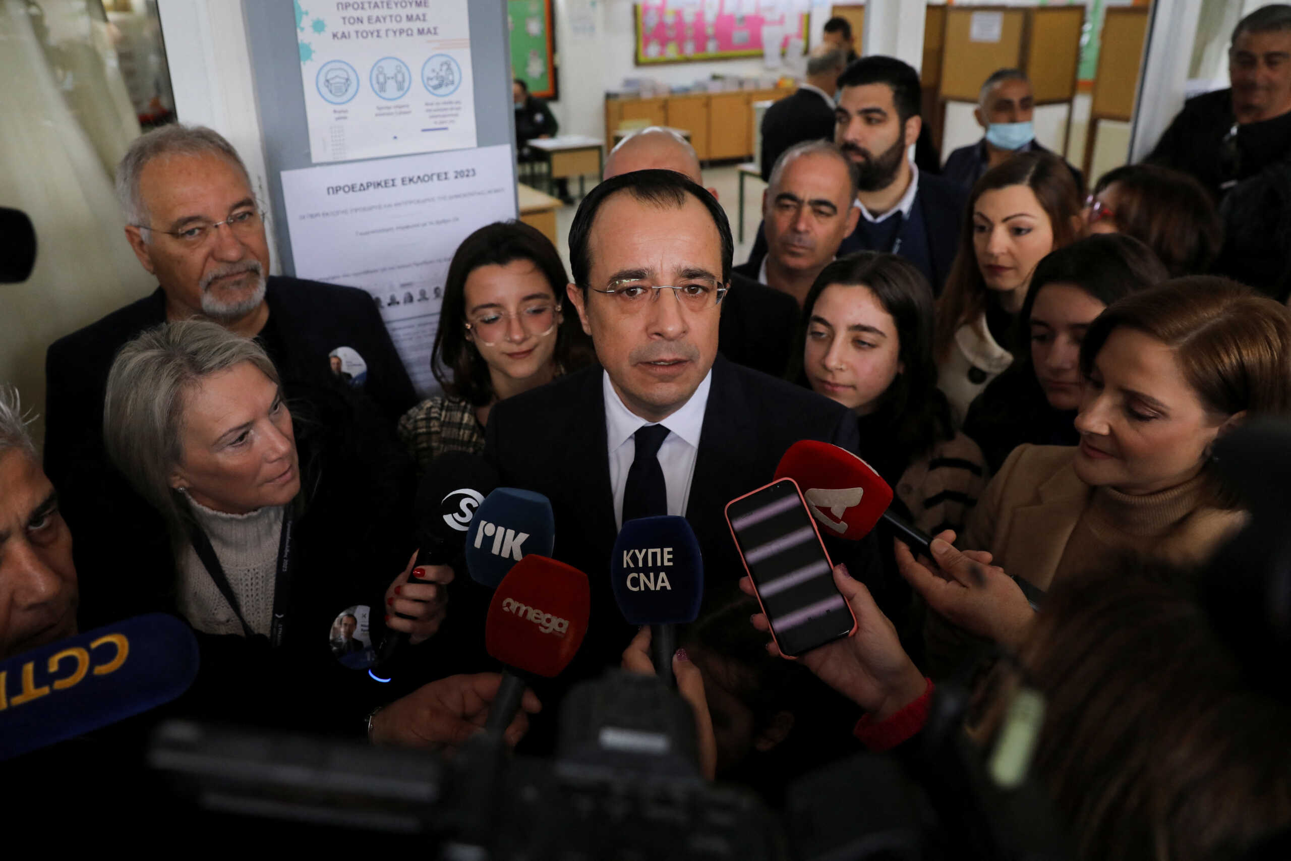 Cyprus independent presidential candidate Nikos Christodoulides addresses journalists after voting in the presidential election at a polling station in Geroskipou near Paphos, Cyprus, February 5, 2023. REUTERS