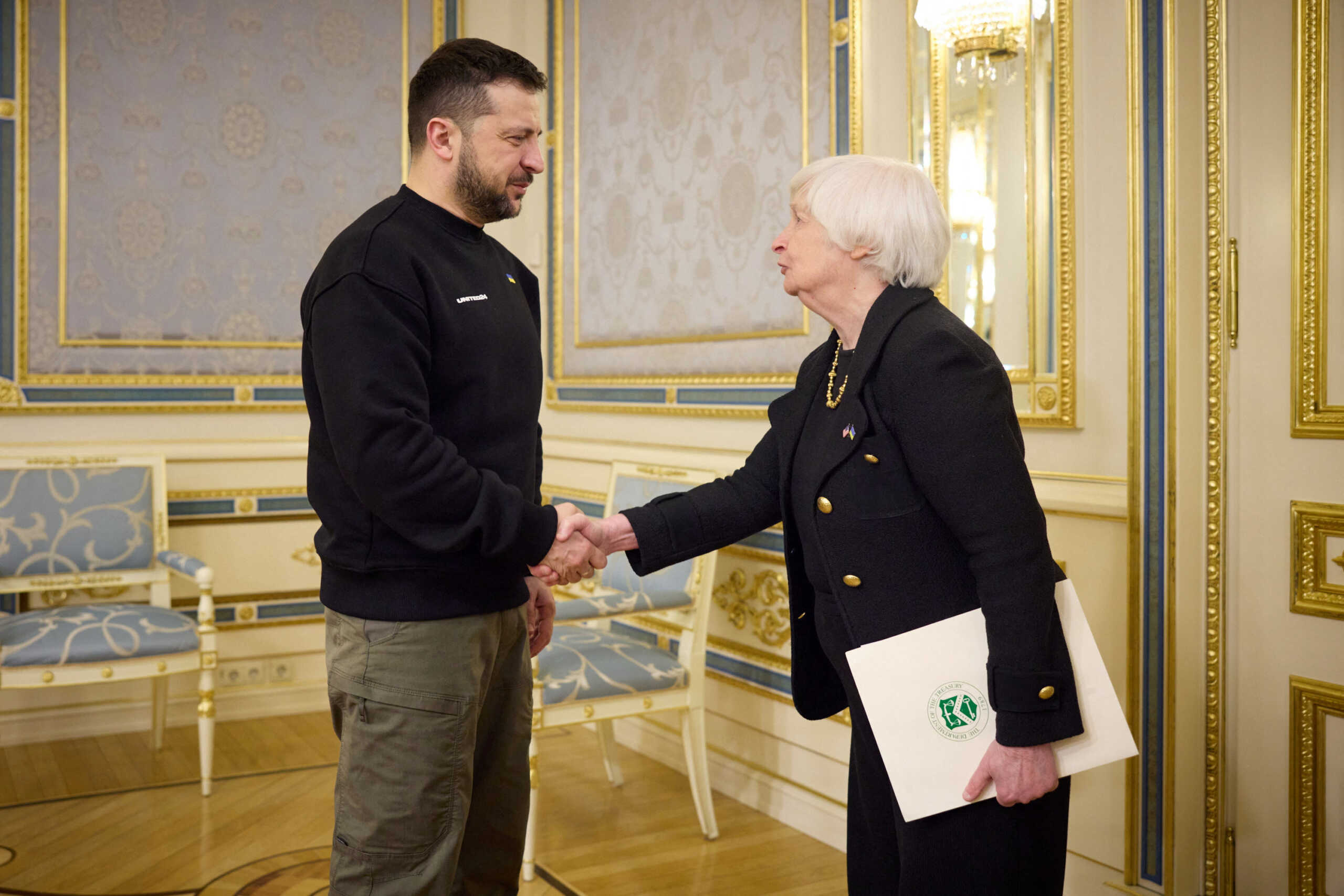 Ukraine's President Volodymyr Zelenskiy welcomes U.S. Treasury Secretary Janet Yellen, amid Russia's attack on Ukraine, in Kyiv, Ukraine February 27, 2023. Ukrainian Presidential Press Service