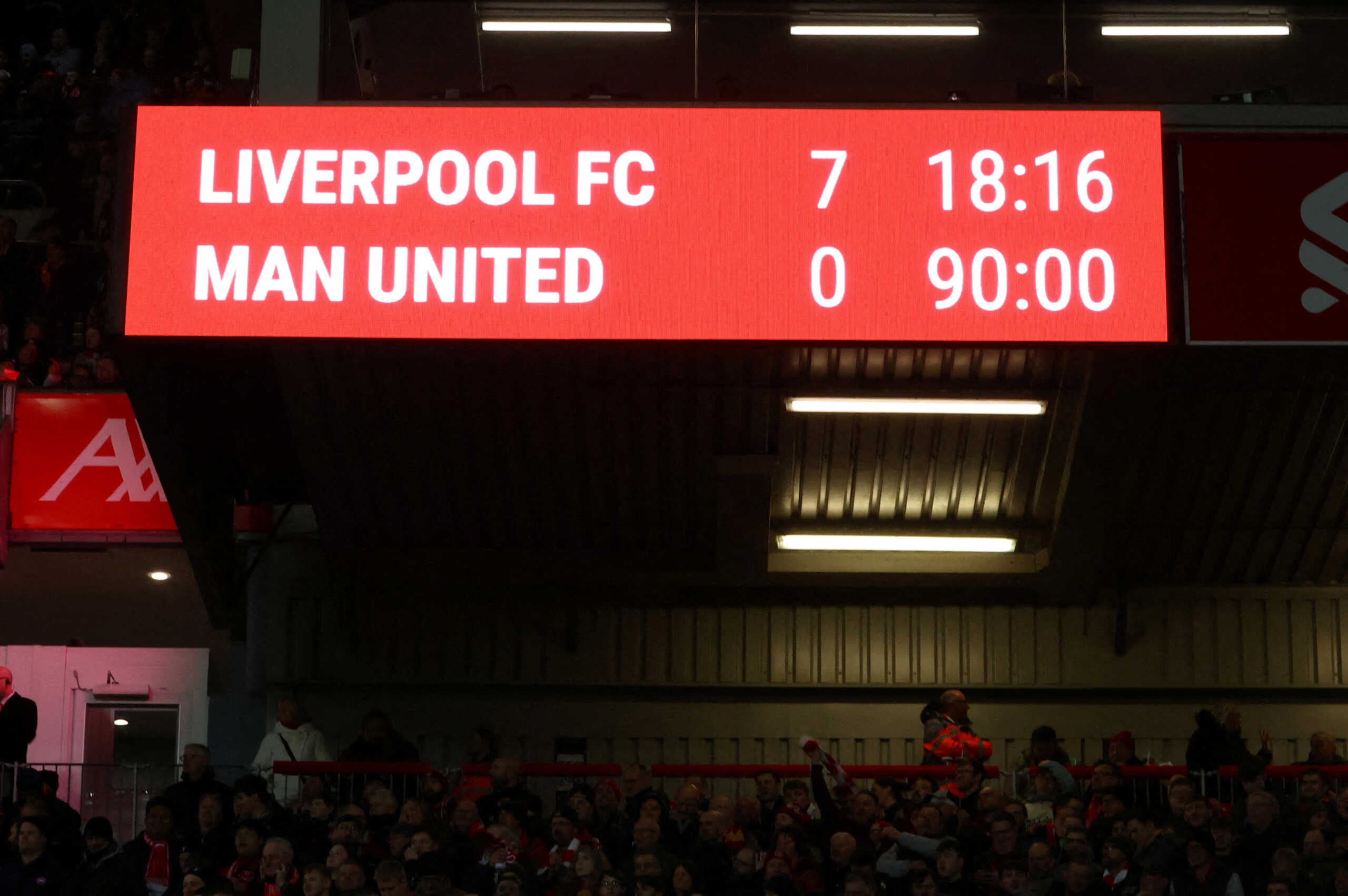 Soccer Football - Premier League - Liverpool v Manchester United - Anfield, Liverpool, Britain - March 5, 2023 General view of the score board REUTERS