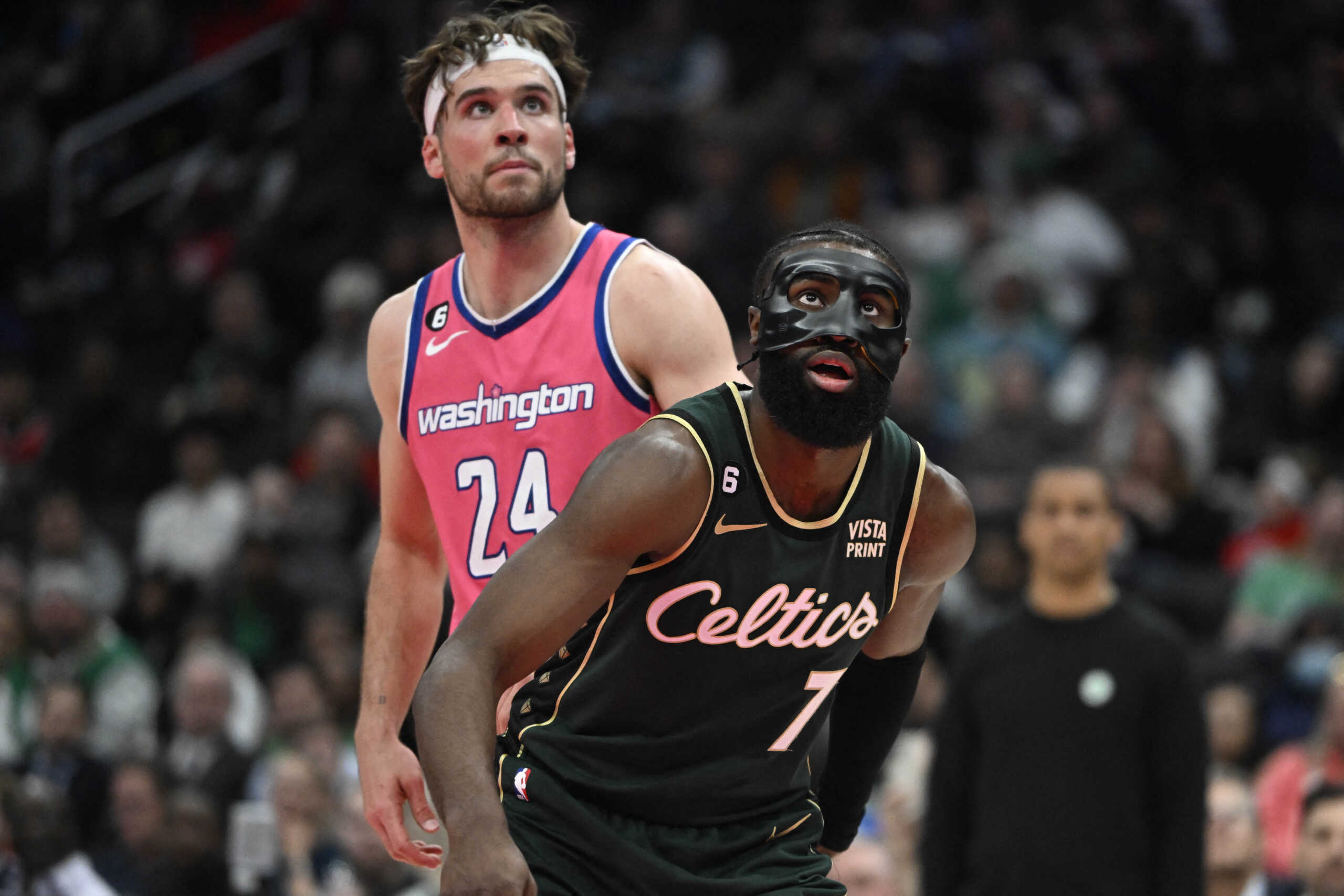 Mar 28, 2023; Washington, District of Columbia, USA; Boston Celtics guard Jaylen Brown (7) boxes out Washington Wizards forward Corey Kispert (24) during the second half at Capital One Arena. Mandatory Credit: Brad Mills-USA TODAY Sports