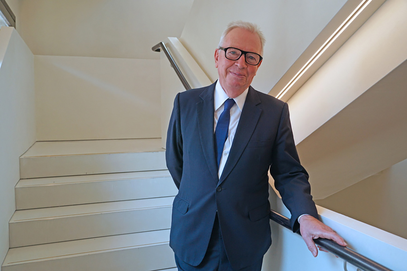 epa09878424 English architect David Chipperfield poses in a room of the Procuratie Vecchie in St Mark's square, reopened to the public after 500 years, in Venice, Italy, 08 April 2022. Venice's ancient government complex, the Procuratie Vecchie (Old Procuracies) in St Mark's Square, has opened to the public for the first time in 500 years. The iconic building that runs from the Torre dell'Orologio to the Museo Correr has been opened by its owner, insurance giant Assicurazioni Generali, which has funded a restoration of the 12,400 square meters of the three-story complex. The project, led by English architect David Chipperfield, took five years to complete. The palazzo of the Procuratie will now become the home of the Human Safety Net Foundation, devoted to inclusion, innovation, and sustainability via partnerships with NGOs in Europe, Asia, and Latin America.  EPA