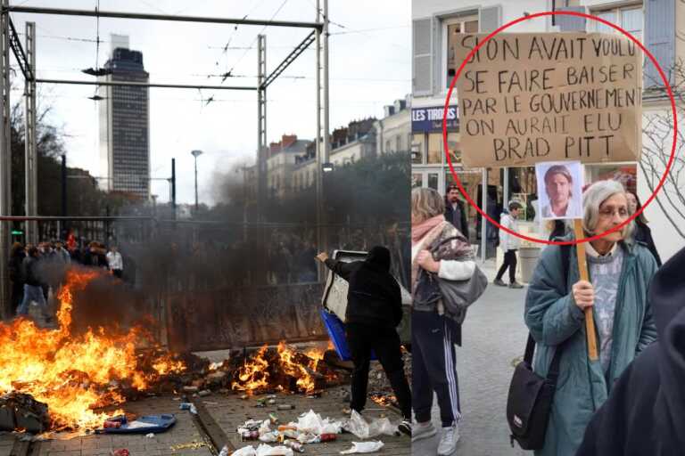 Ηλικιωμένη στην Γαλλία κατέβηκε σε διαδήλωση με πλακάτ που έγραφε: «Αν θέλαμε να μας γ@@@@ει η κυβέρνηση, θα είχαμε ψηφίσει τον Μπραντ Πιτ»