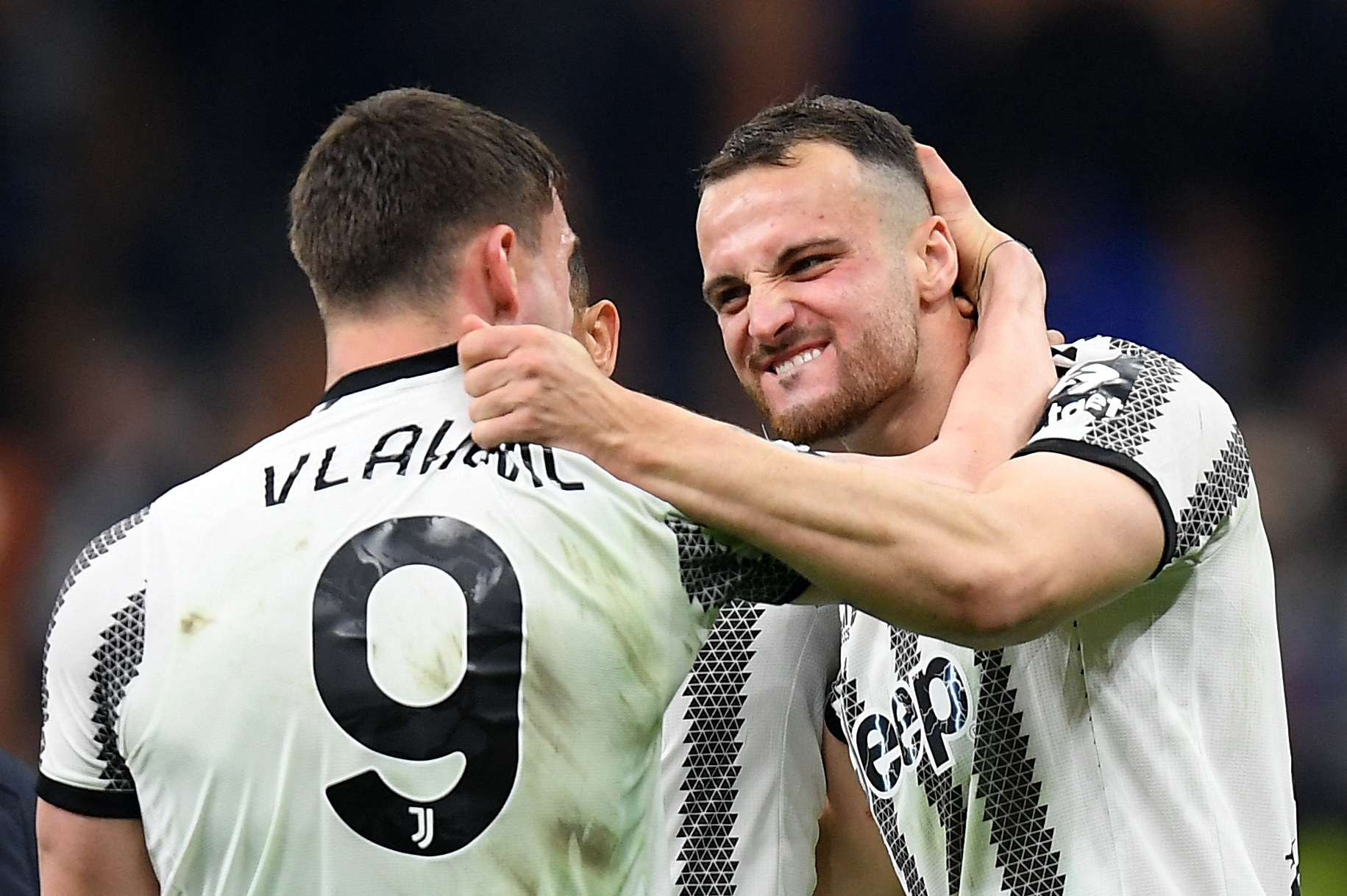 Soccer Football - Serie A - Inter Milan v Juventus - San Siro, Milan, Italy - March 19, 2023 Juventus' Frederico Gatti and Dusan Vlahovic celebrate after the match REUTERS
