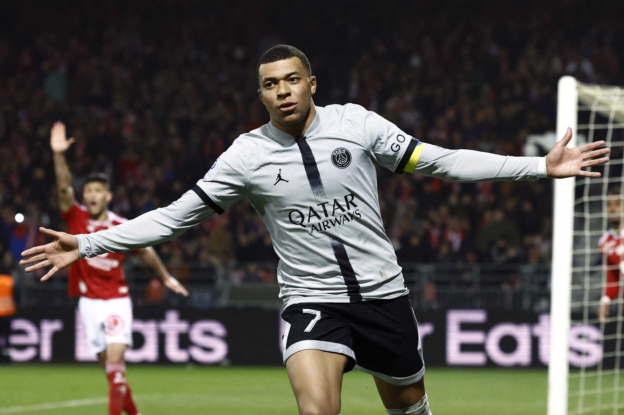 Soccer Football - Ligue 1 - Brest v Paris St Germain - Stade Francis-Le Ble, Brest, France - March 11, 2023 Paris St Germain's Kylian Mbappe celebrates scoring their second goal REUTERS
