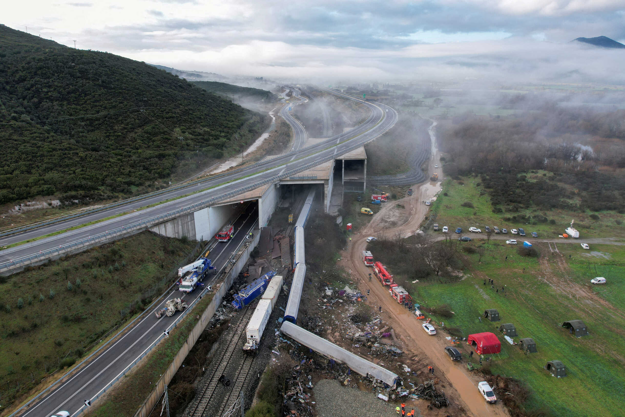 FILE PHOTO: Rescuers operate on the site of a crash, where two trains collided, near the city of Larissa, Greece, March 3, 2023. REUTERS