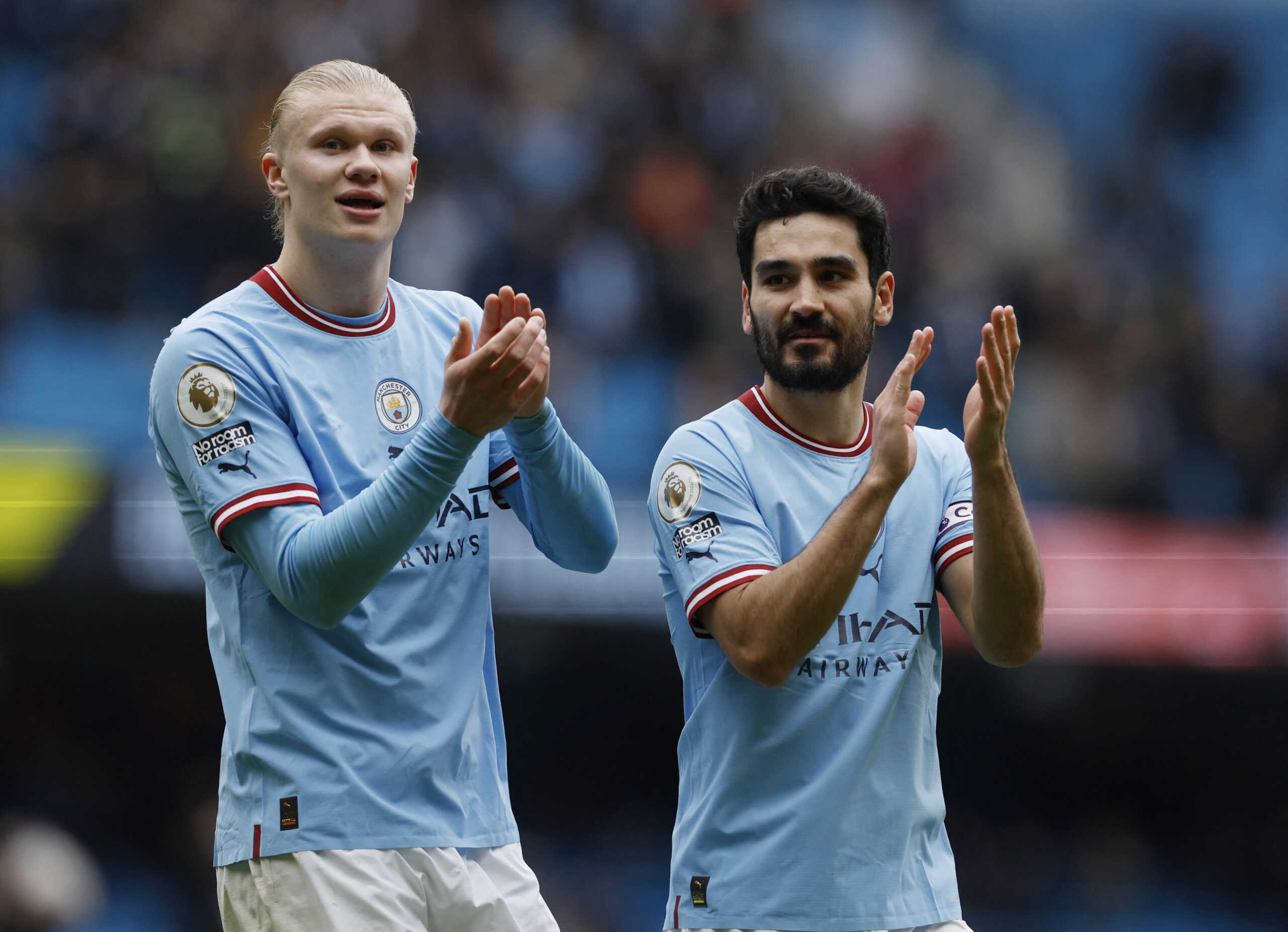 Soccer Football - Premier League - Manchester City v Newcastle United - Etihad Stadium, Manchester, Britain - March 4, 2023 Manchester City's Erling Braut Haaland and Ilkay Gundogan celebrate after the match Action Images via Reuters