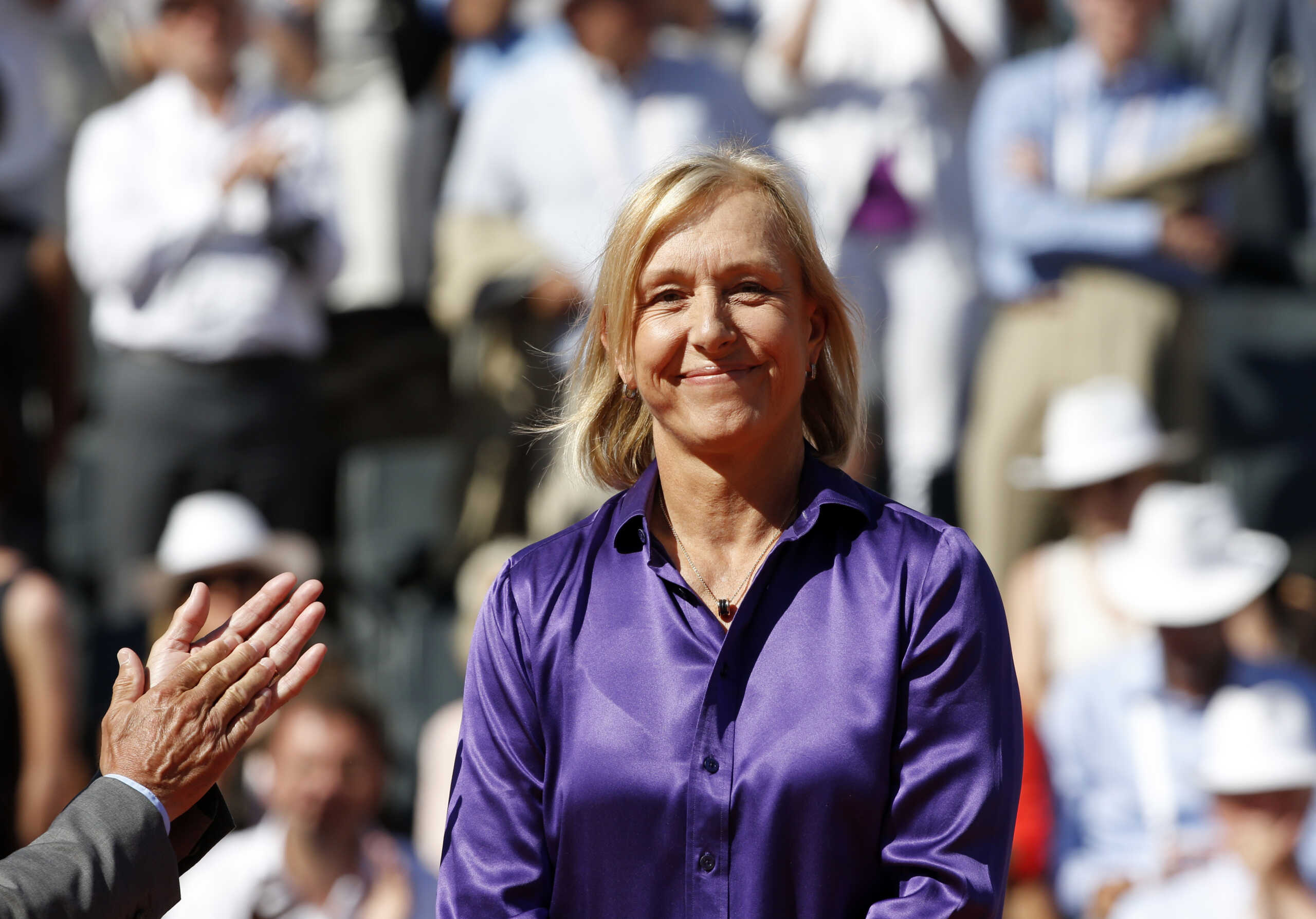 Former tennis player Martina Navratilova attends the trophy ceremony after Serena Williams of the U.S. won her women's singles final match against Lucie Safarova of the Czech Republic at the French Open tennis tournament at the Roland Garros stadium in Paris, France, June 6, 2015.                      REUTERS