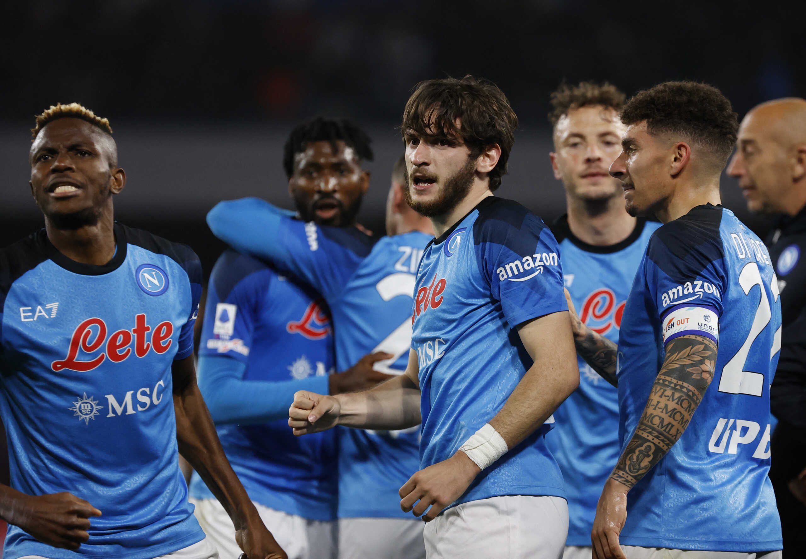 Soccer Football - Serie A - Napoli v Atalanta - Stadio Diego Armando Maradona, Naples, Italy - March 11, 2023 Napoli's Khvicha Kvaratskhelia celebrates scoring their first goal with teammates REUTERS