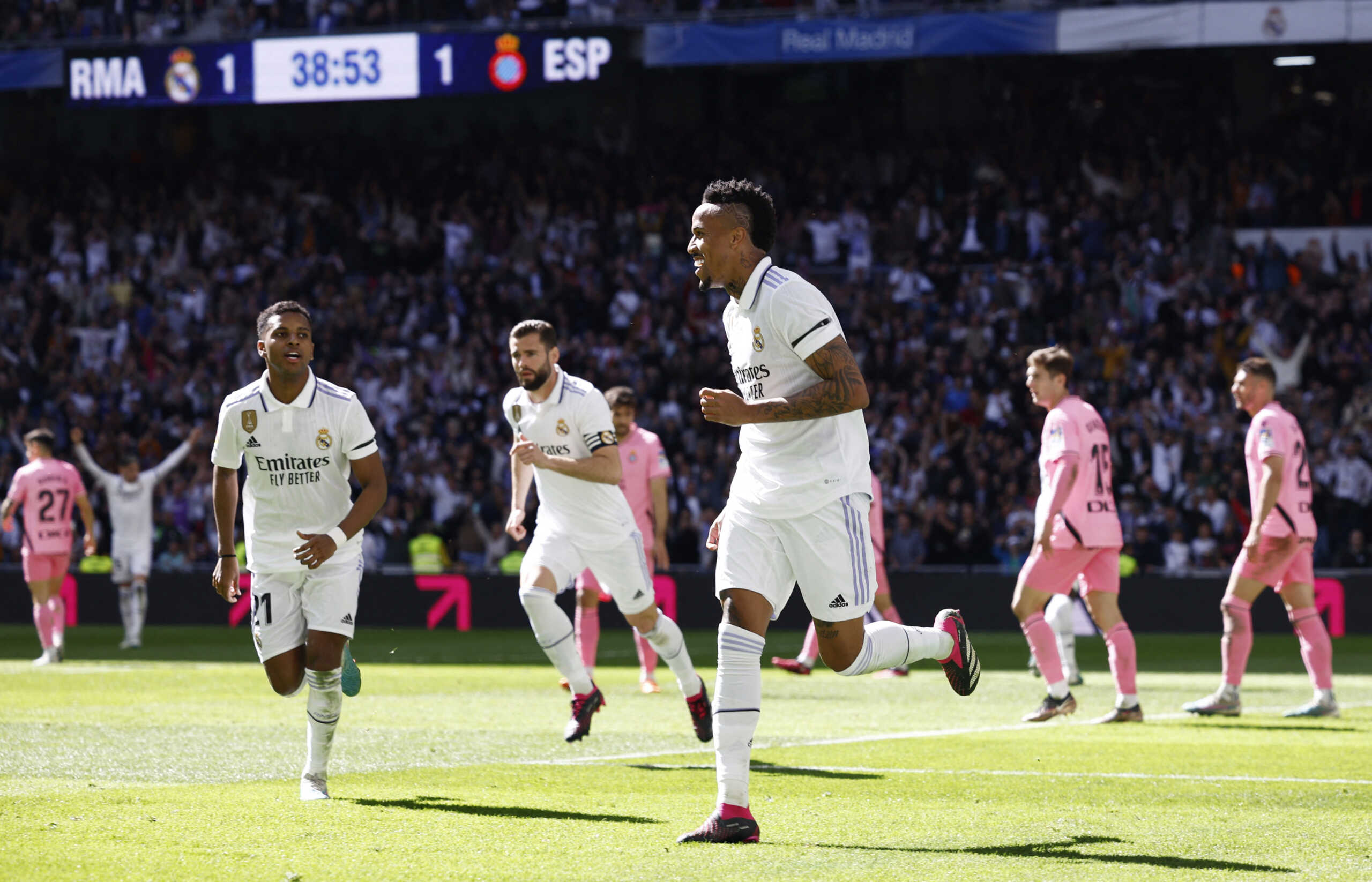 Soccer Football - LaLiga - Real Madrid v Espanyol - Santiago Bernabeu, Madrid, Spain - March 11, 2023 Real Madrid's Eder Militao celebrates scoring their second goal REUTERS