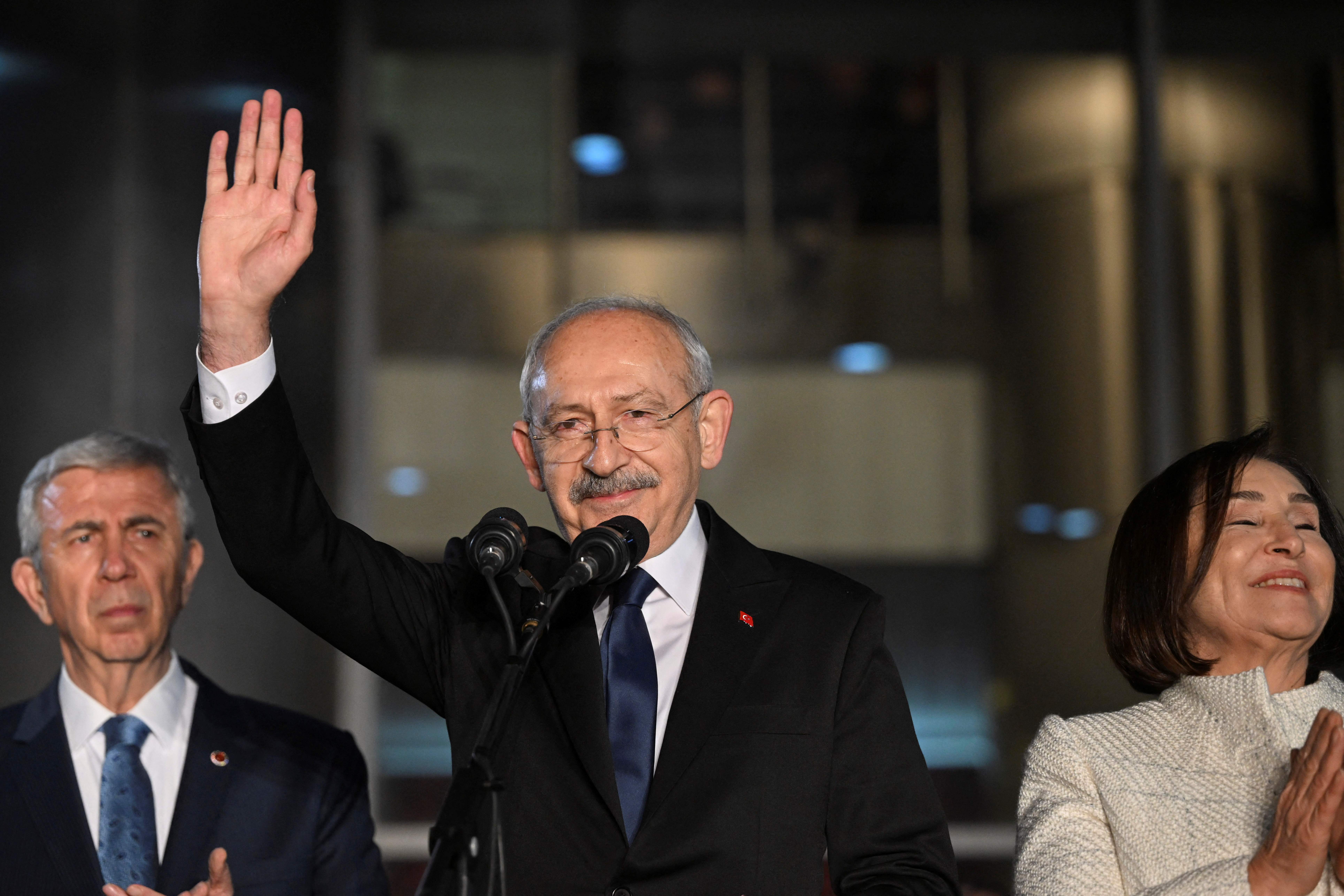 Turkey's main opposition Republican People's Party (CHP) leader Kemal Kilicdaroglu greets his supporters at the party's headquarters after a six-party alliance announced him as its presidential candidate, in Ankara, Turkey March 6, 2023. Alp Eren Kaya