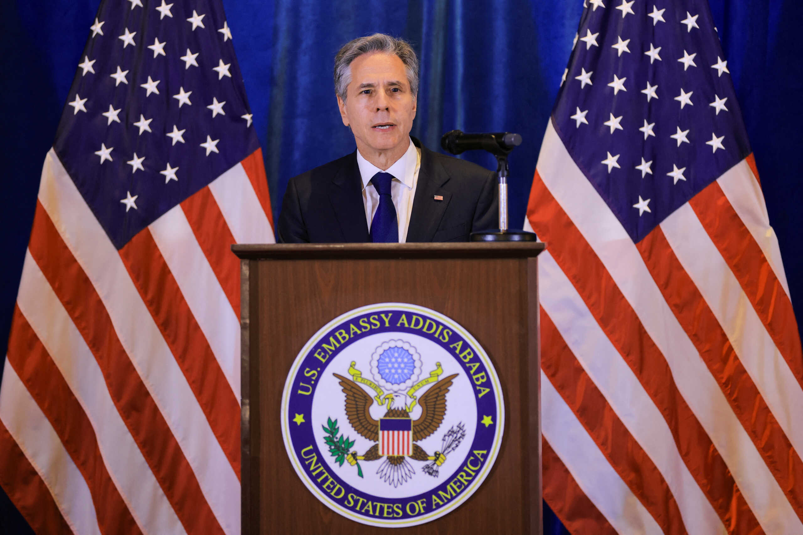 U.S. Secretary of State Antony Blinken attends a news conference during his visit to Ethiopia, in Addis Ababa, Ethiopia March 15, 2023. REUTERS