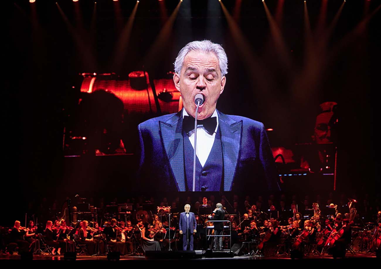 epa10331132 Italian tenor Andrea Bocelli during a concert at Ergo Arena in Gdansk, Poland, 26 November 2022. The event is part of a world tour promoting the artist's latest album 'Believe'.  EPA