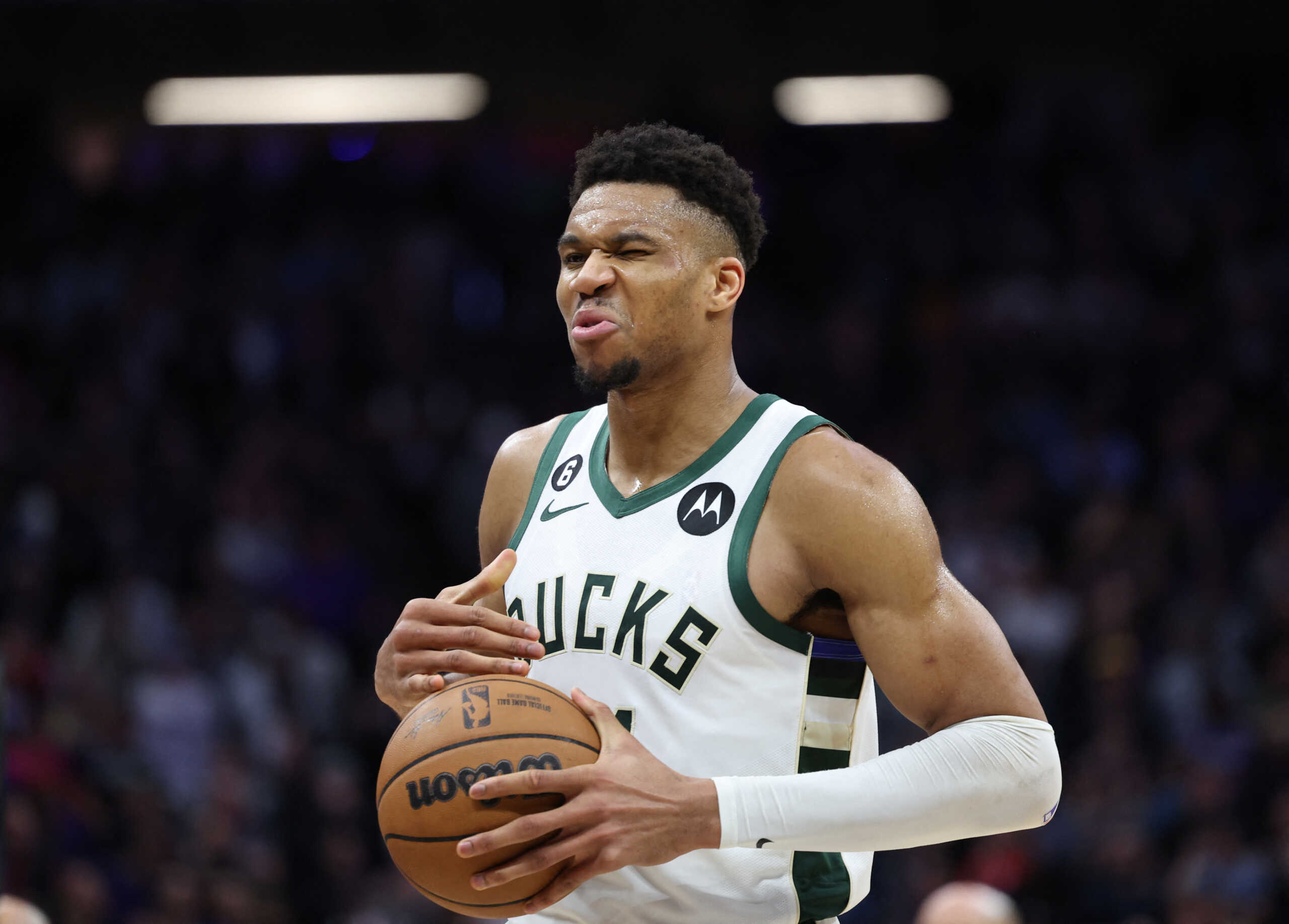 Mar 13, 2023; Sacramento, California, USA; Milwaukee Bucks power forward Giannis Antetokounmpo (34) reacts towards the bench after an altercation between Milwaukee Bucks center Brook Lopez (not pictured) and Sacramento Kings center Trey Lyles (not pictured) during the fourth quarter at Golden 1 Center. Mandatory Credit: Kelley L Cox-USA TODAY Sports