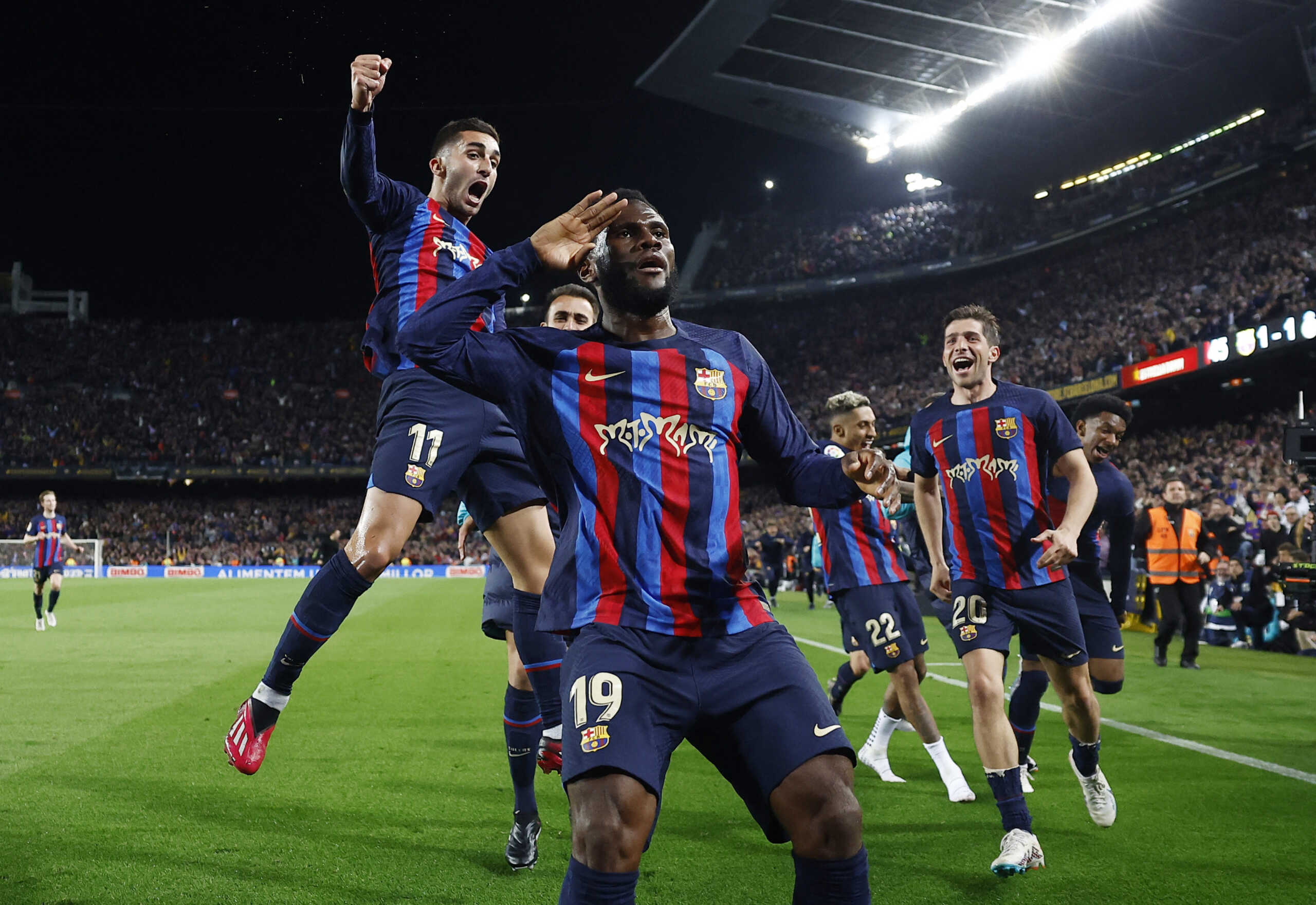 Soccer Football - LaLiga - FC Barcelona v Real Madrid - Camp Nou, Barcelona, Spain - March 19, 2023 FC Barcelona's Franck Kessie celebrates scoring their second goal REUTERS