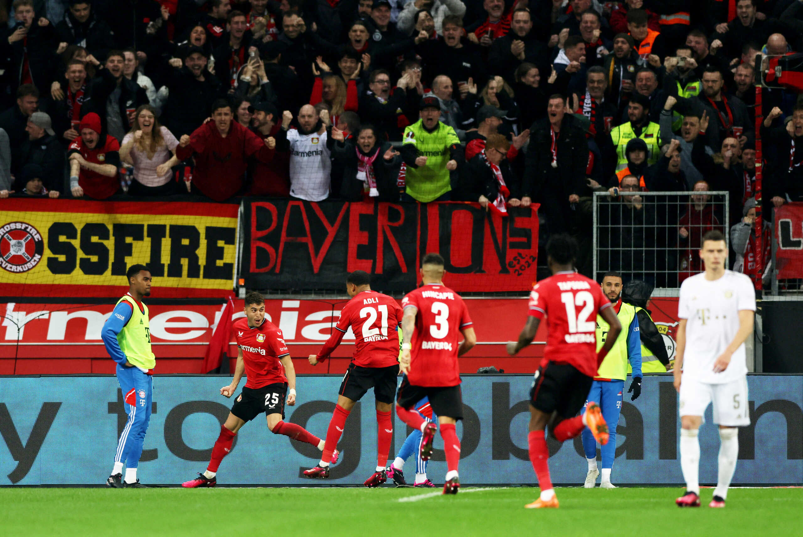 Soccer Football - Bundesliga - Bayer Leverkusen v Bayern Munich - BayArena, Leverkusen, Germany - March 19, 2023 Bayer Leverkusen's Exequiel Palacios celebrates scoring their first goal with Amine Adli REUTERS