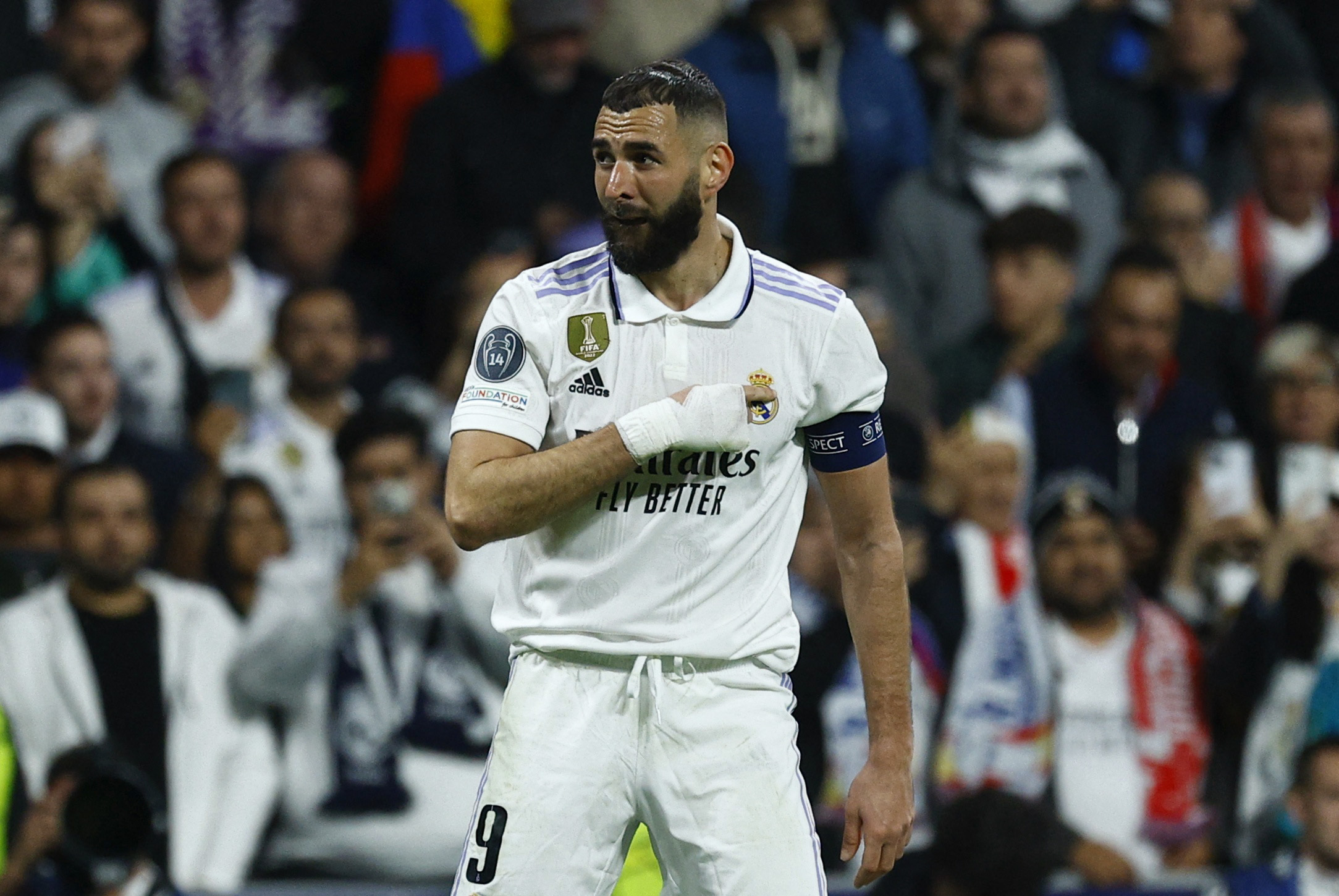 Soccer Football - Champions League - Round of 16 - Second Leg - Real Madrid v Liverpool - Santiago Bernabeu, Madrid, Spain - March 15, 2023 Real Madrid's Karim Benzema celebrates scoring their first goal REUTERS