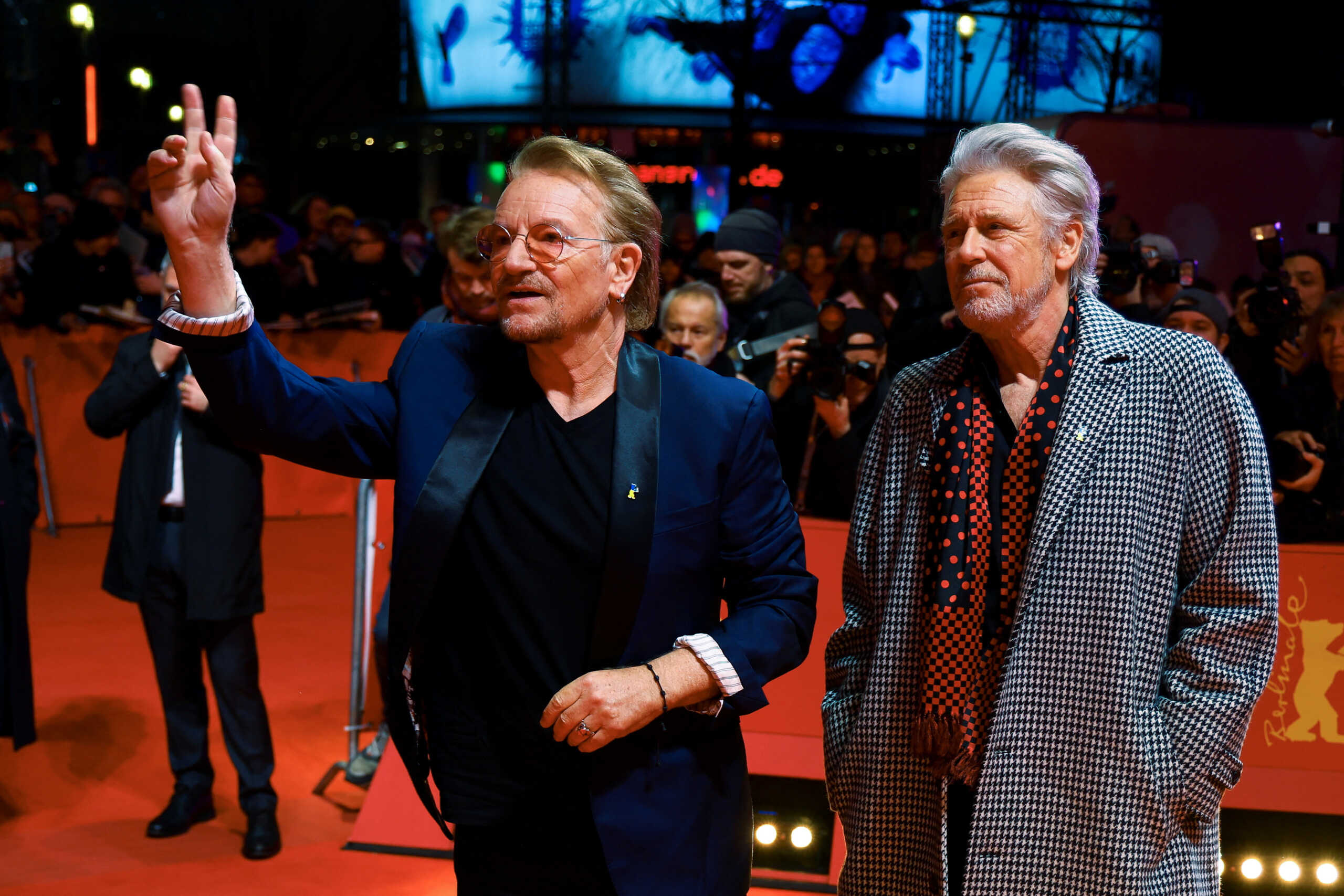 Bono and Adam Clayton of U2 attend the screening of the documentary movie 'Kiss the Future' at the 73rd Berlinale International Film Festival in Berlin, Germany, February 19, 2023. REUTERS
