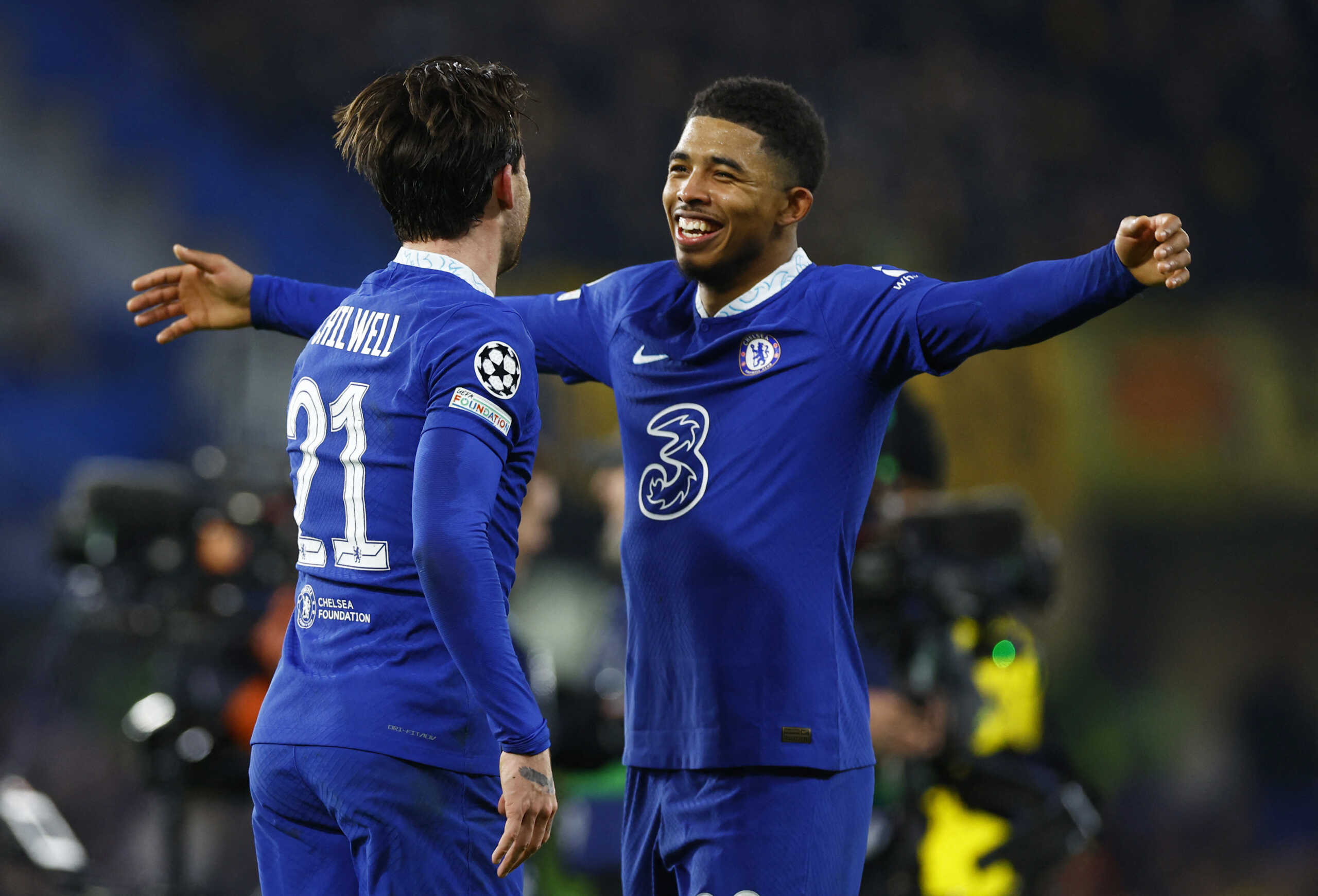 Soccer Football - Champions League - Round of 16 - Second Leg - Chelsea v Borussia Dortmund - Stamford Bridge, London, Britain - March 7, 2023 Chelsea's Wesley Fofana celebrates with Ben Chilwell after the match Action Images via Reuters