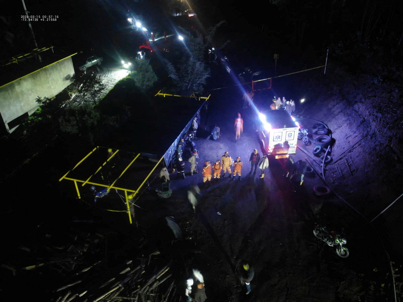 Volunteers from the Colombian Civil Defense in coordination with relief agencies engage in the search and rescue work of miners trapped following the explosion of a mine in Sutatausa, Colombia, in this handout image released on March 15, 2023. Colombian Civil Defense via Twitter
