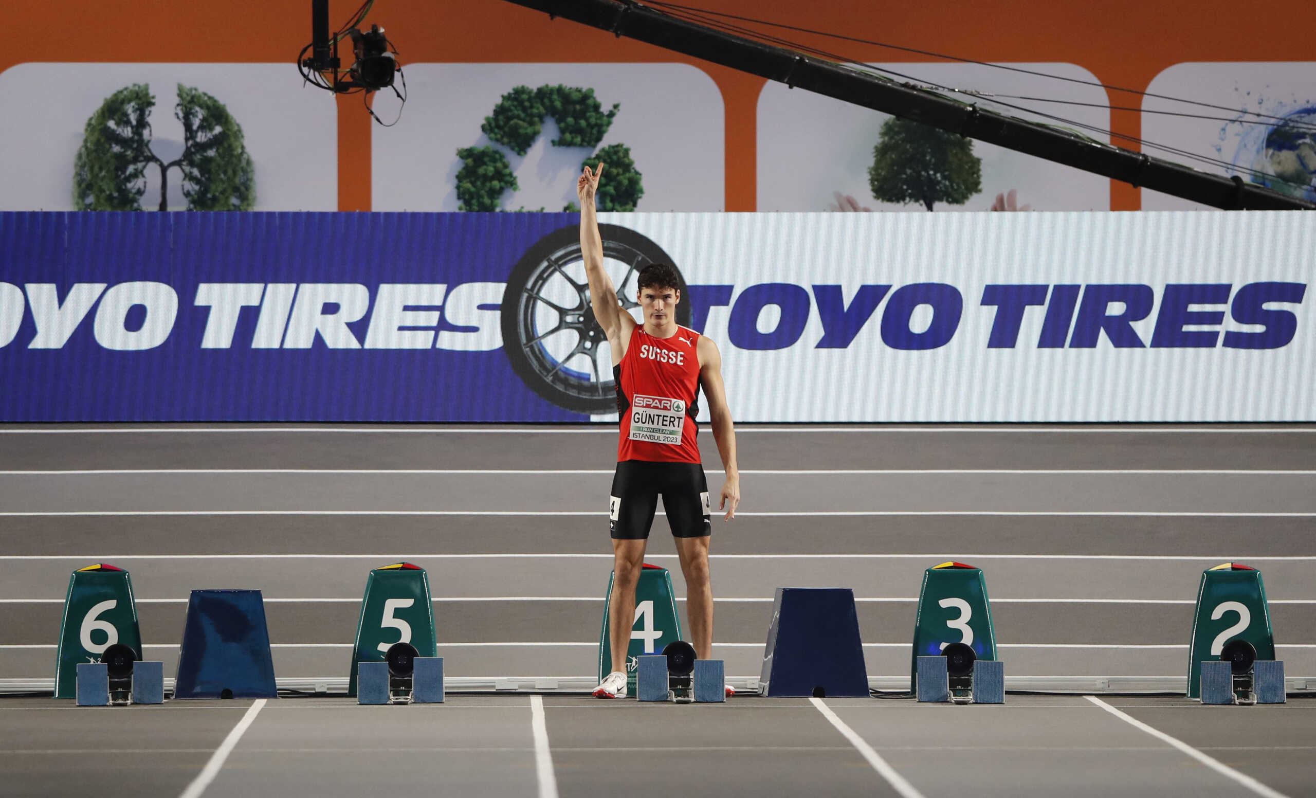 Athletics - European Athletics Indoor Championships - Atakoy Arena, Istanbul, Turkey - March 4, 2023 Switzerland's Enrico Guntert after disqualification from the men's 60m is allowed to run again on his own REUTERS