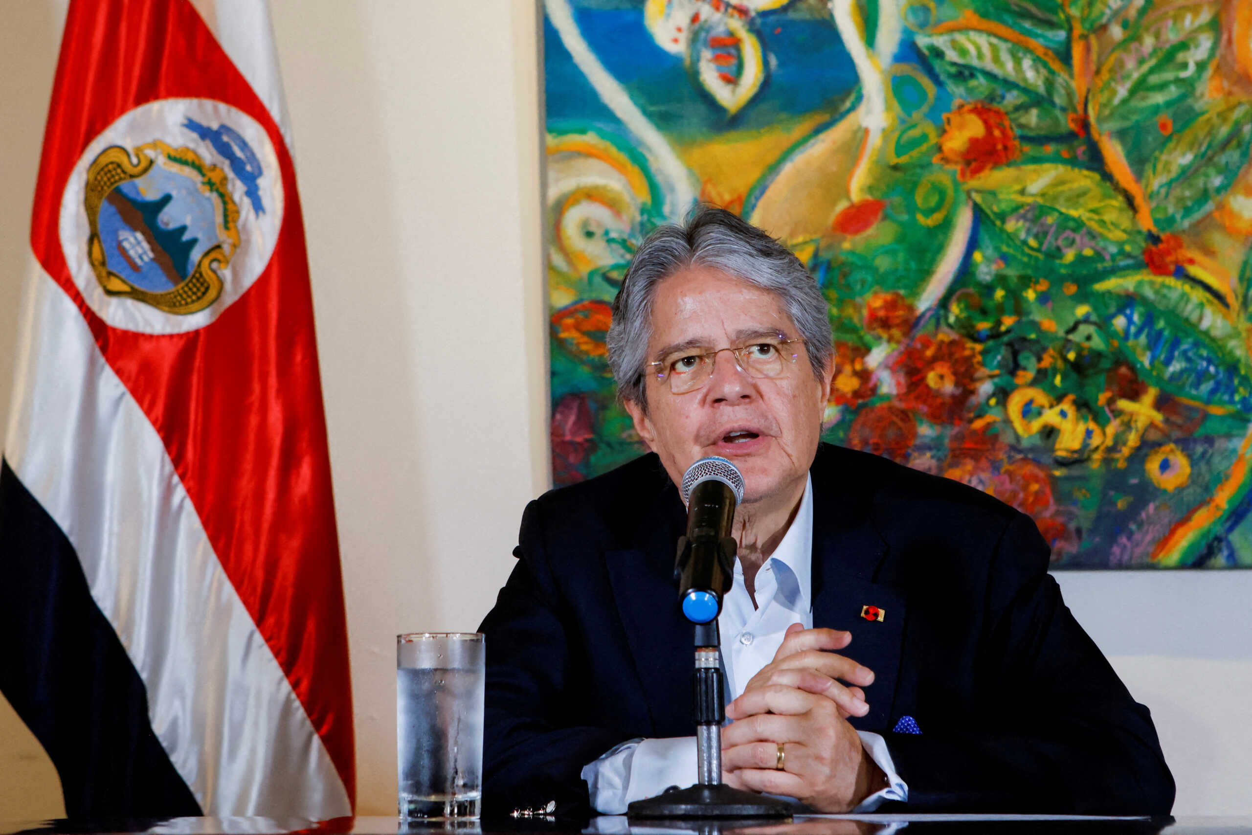 FILE PHOTO: Ecuador's President Guillermo Lasso speaks during a news conference with Costa Rica's President Rodrigo Chaves (not pictured) at the Rafael Angel Calderon Guardia museum in San Jose, Costa Rica, March 1, 2023. REUTERS