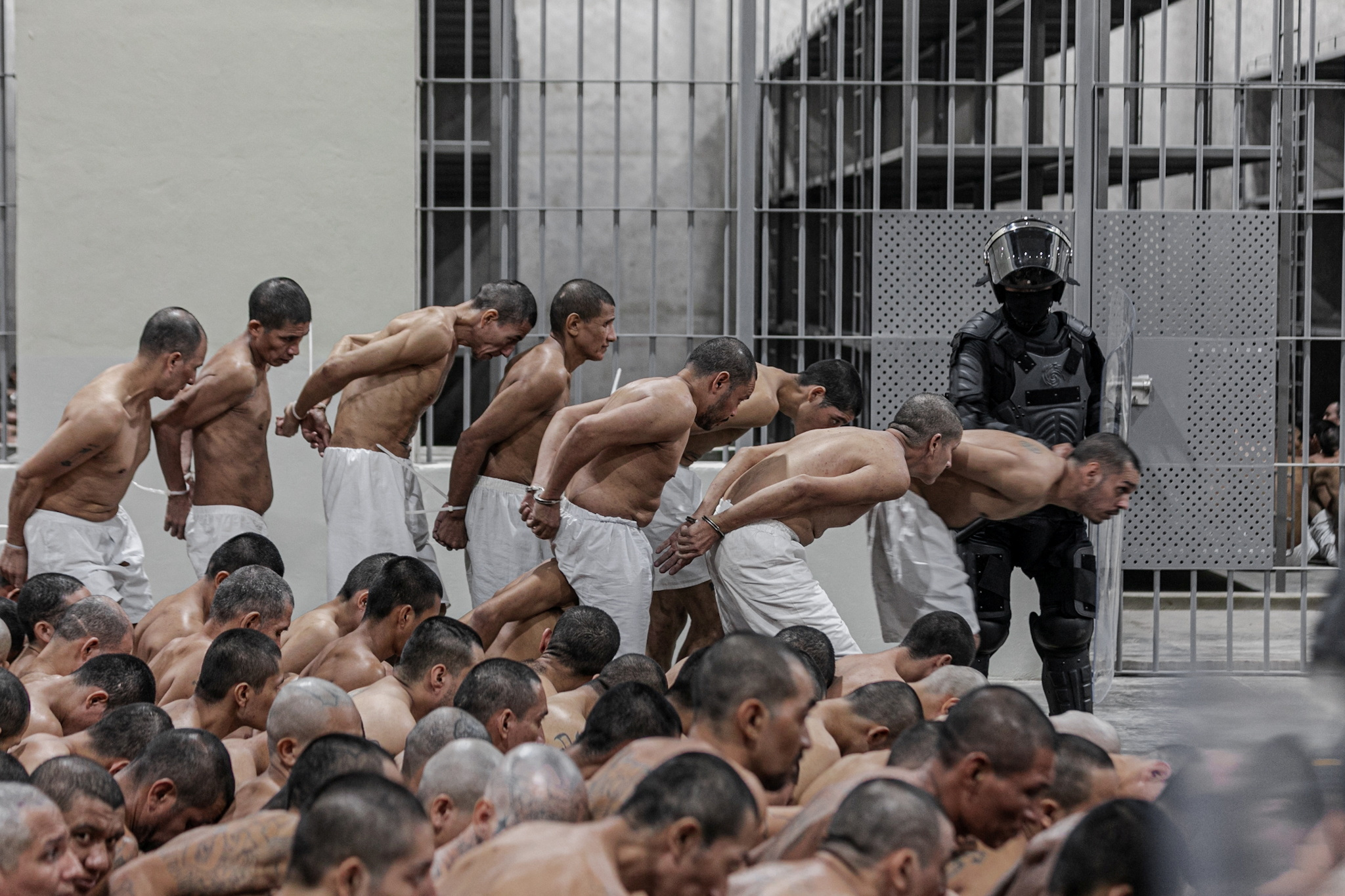 Gang members are taken to their cell after 2000 gang members were transferred to the Terrorism Confinement Center, according to El Salvador's President Nayib Bukele, in Tecoluca, El Salvador, in this handout distributed to Reuters on March 15, 2023. Secretaria de Prensa de la Presidencia
