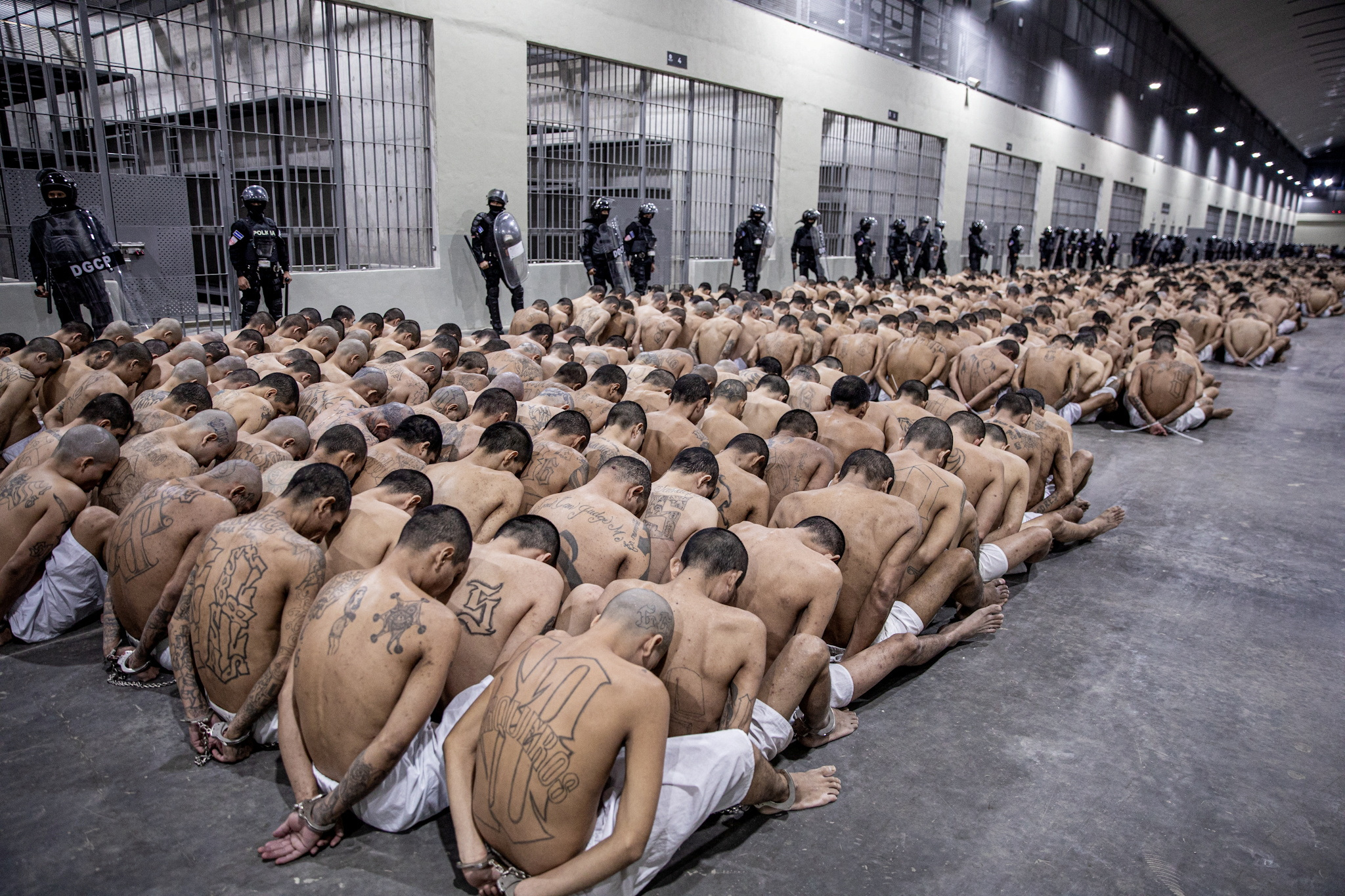 Gang members wait to be taken to their cell after 2000 gang members were transferred to the Terrorism Confinement Center, according to El Salvador's President Nayib Bukele, in Tecoluca, El Salvador, in this handout distributed to Reuters on March 15, 2023. Secretaria de Prensa de la Presidencia