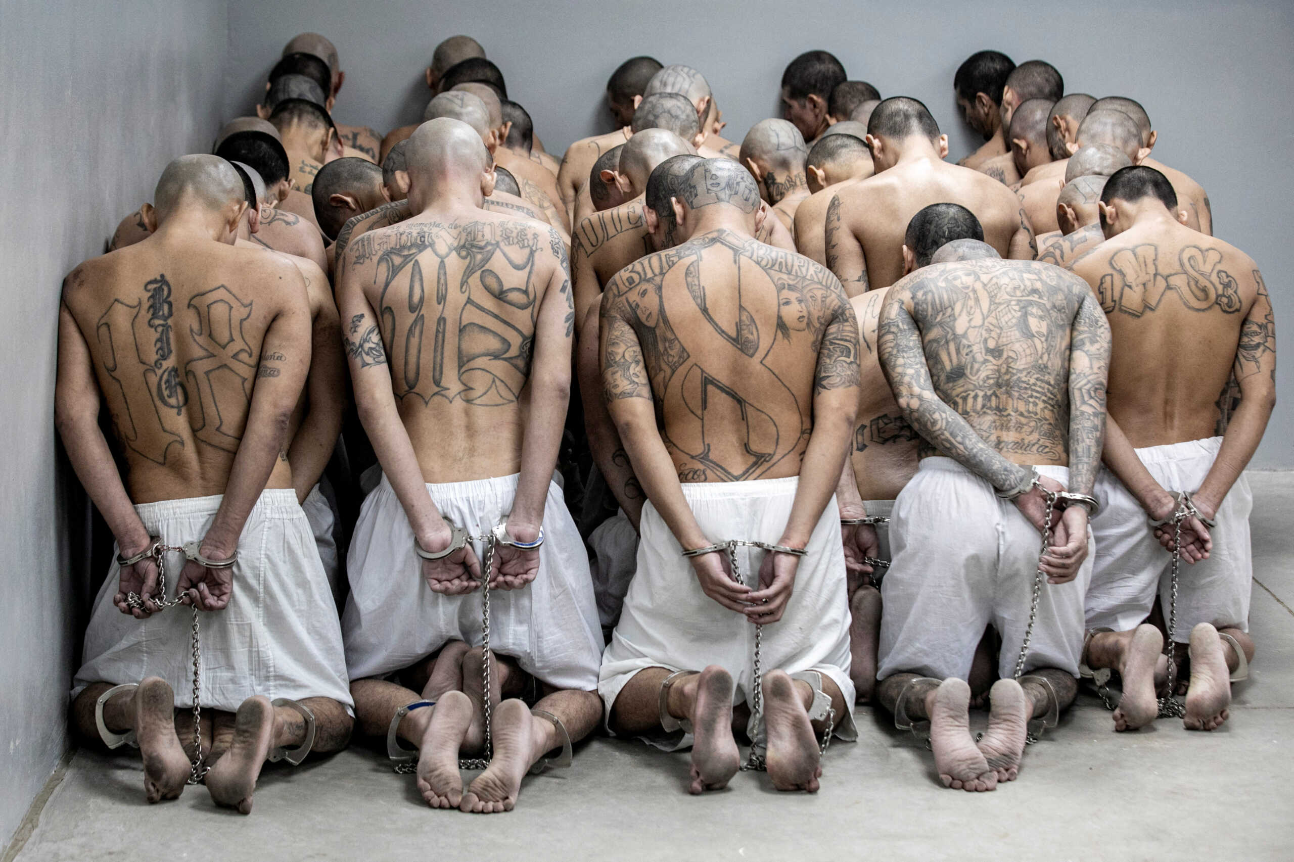 Gang members wait to be taken to their cell after 2000 gang members were transferred to the Terrorism Confinement Center, according to El Salvador's President Nayib Bukele, in Tecoluca, El Salvador, in this handout distributed to Reuters on March 15, 2023. Secretaria de Prensa de la Presidencia