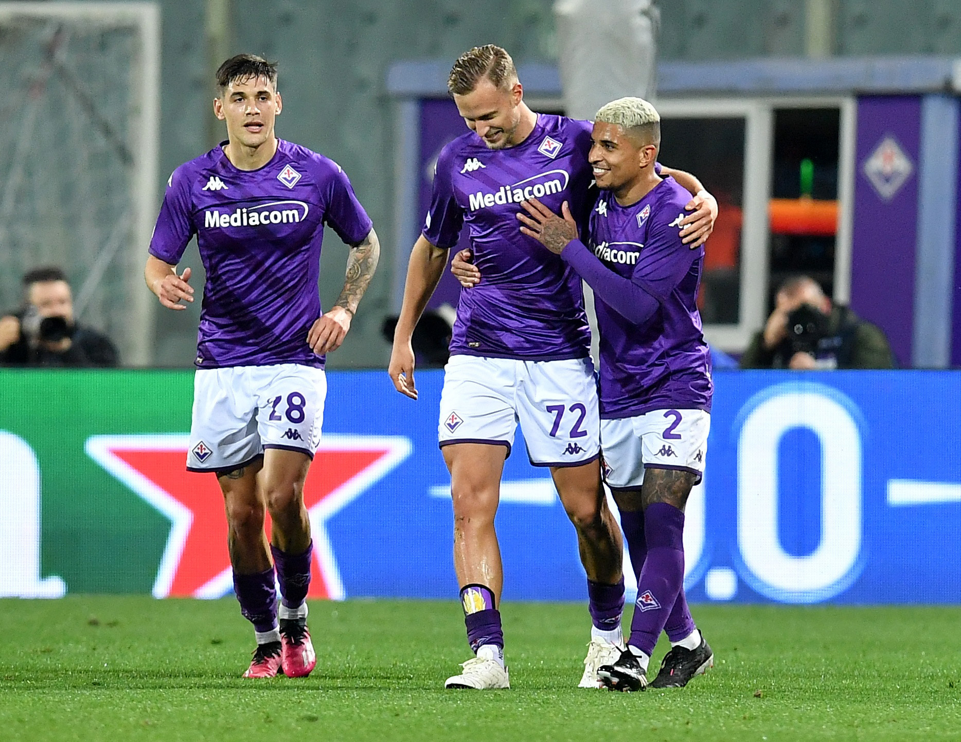 Soccer Football - Europa Conference League - Round of 16 - First Leg - Fiorentina v Sivasspor - Stadio Artemio Franchi, Florence, Italy - March 9, 2023  Fiorentina's Antonin Barak celebrates scoring their first goal with Dodo REUTERS