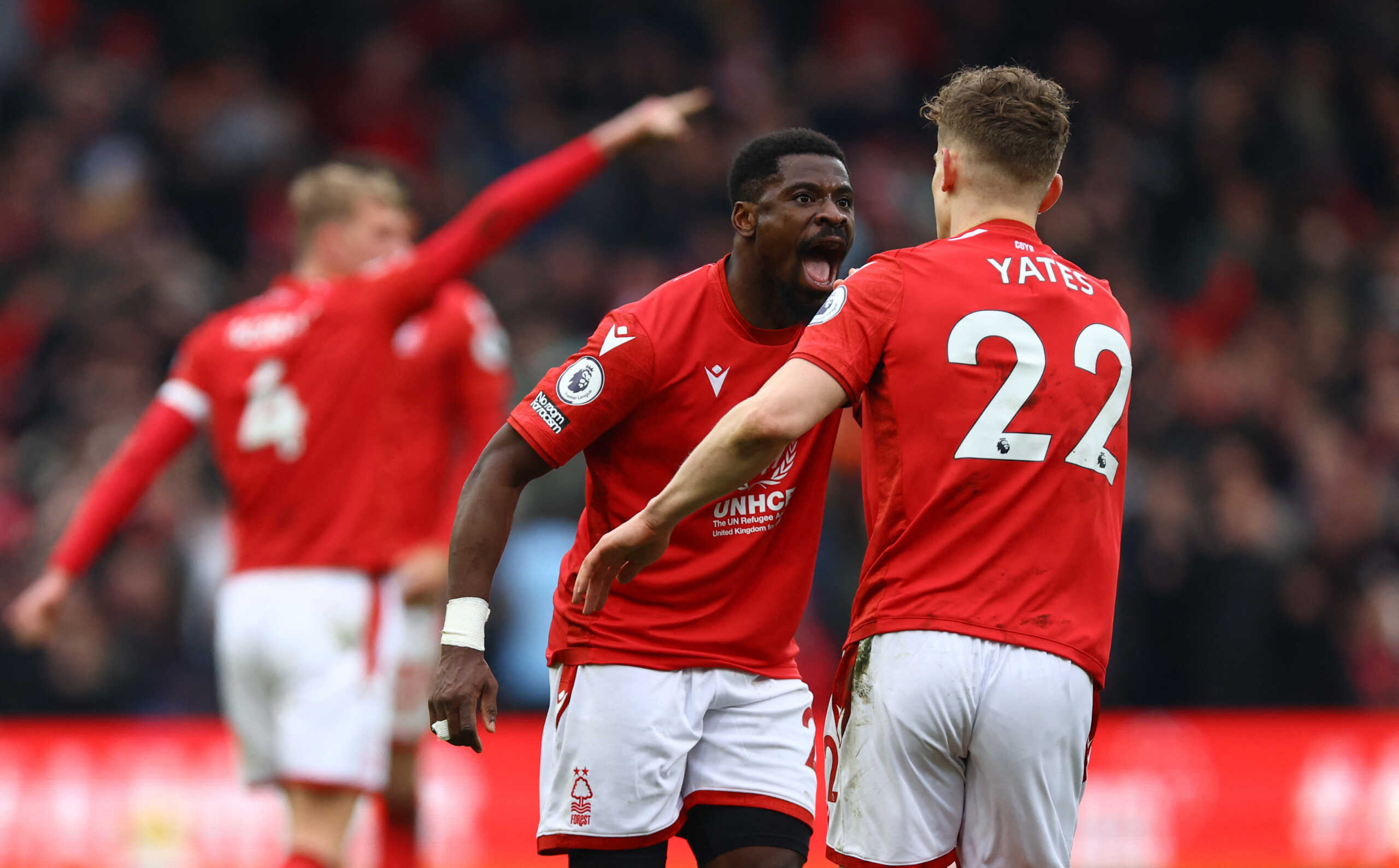 Soccer Football - Premier League - Nottingham Forest v Everton - The City Ground, Nottingham, Britain - March 5, 2023 Nottingham Forest's Serge Aurier and Ryan Yates celebrate after Brennan Johnson scores their second goal REUTERS