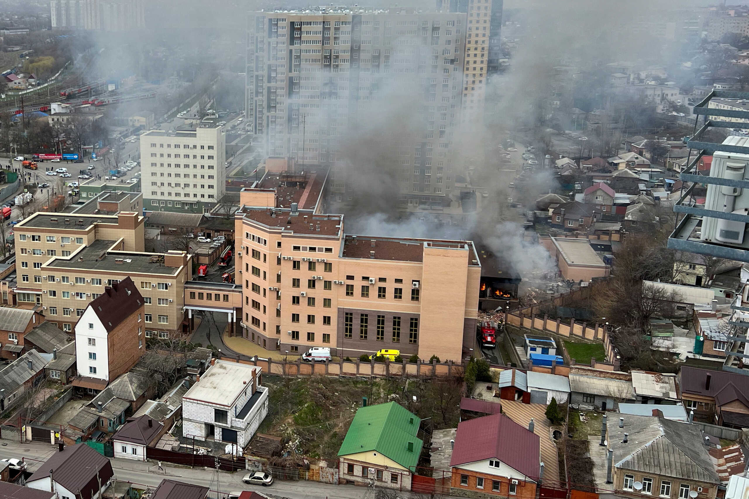 Smoke from fire caused by an explosion rises above a building belonging to the border patrol section of Russia's FSB federal security service in a built-up district of the southern city of Rostov-on-Don, Russia, March 16, 2023. REUTERS