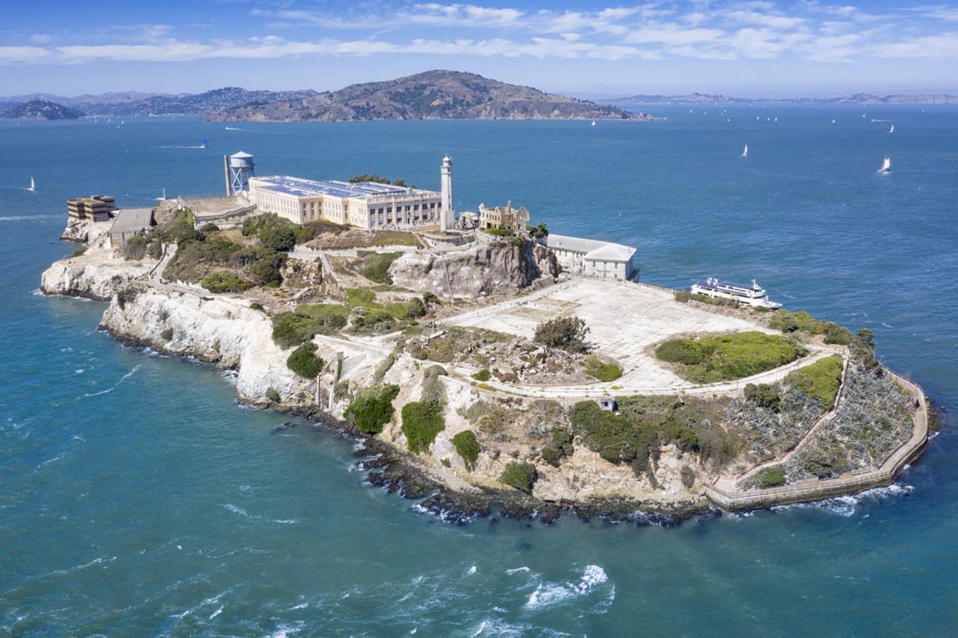 Aerial of the famous Island Alcatraz by San Francisco in front of the Golden Gate Bridge. California, USA. Converted from RAW.