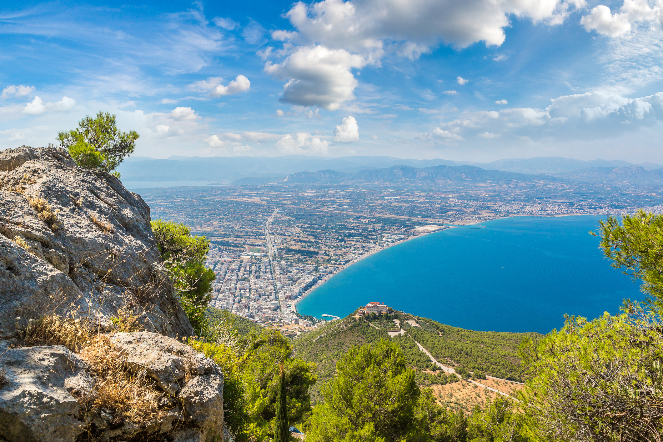 Panoramic view of Loutraki and Aegean sea, Greece in a summer day