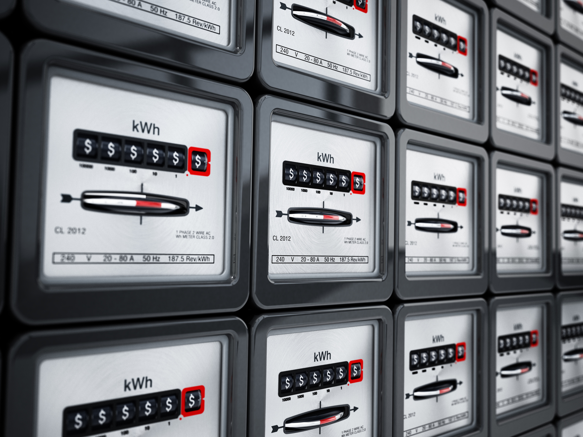 Vintage electric meters with dollar signs in a row.