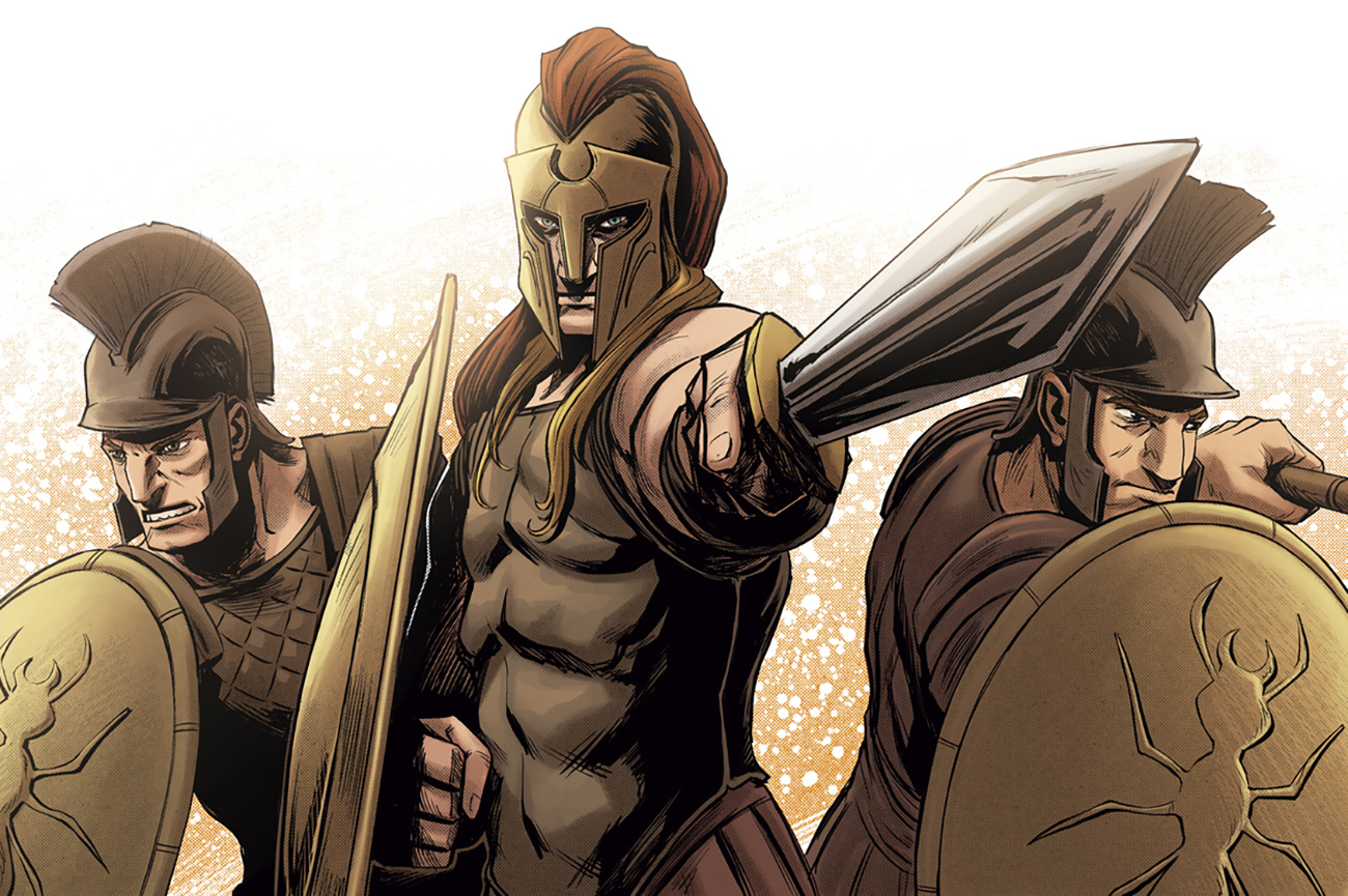 the hero achilles and his myrmidian warriors holding sword shield and spear, greek mythology, comic book style art