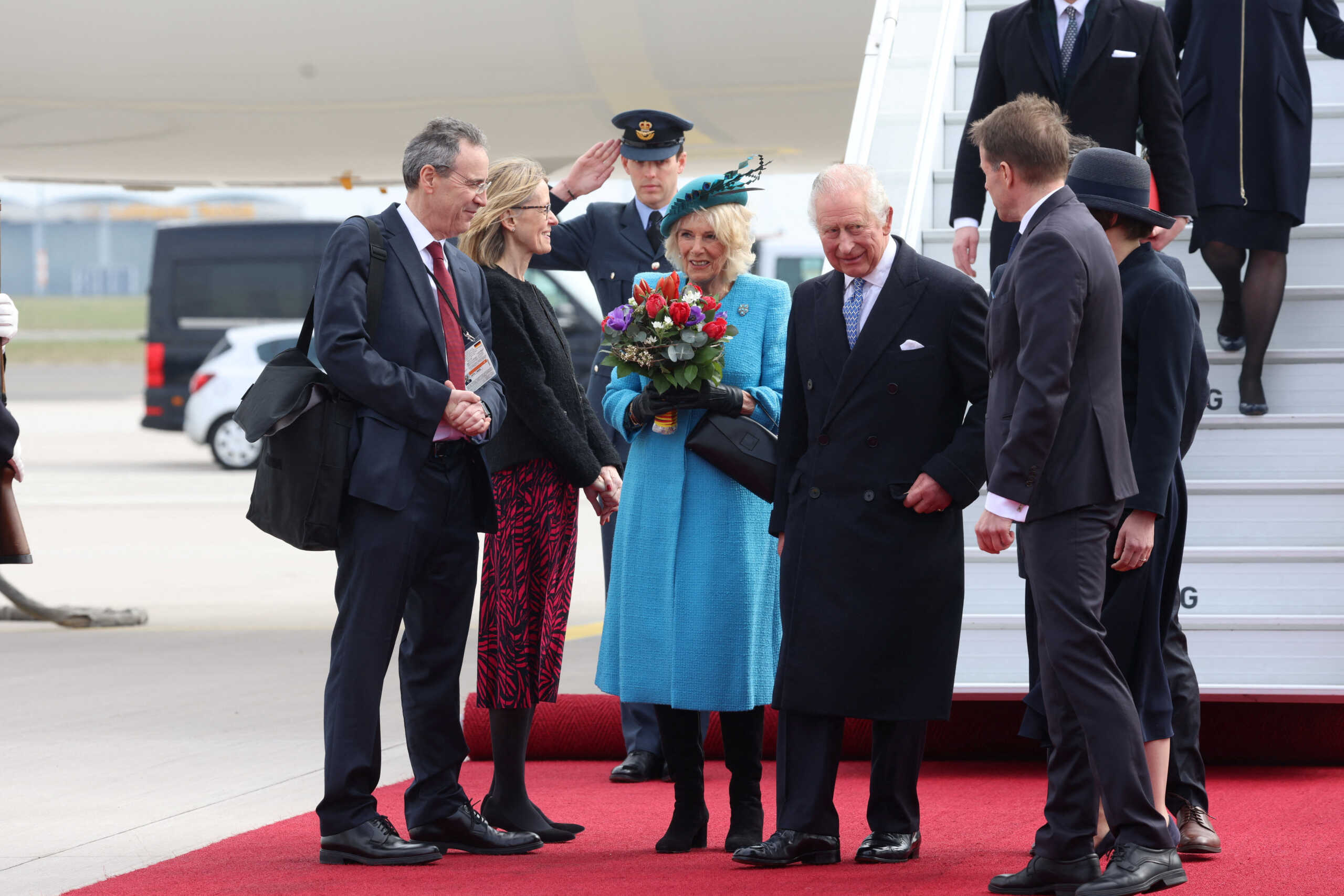 Britain's King Charles and Camilla, the Queen Consort arrive at Berlin Brandenburg Airport 'Willy Brandt' in Berlin, Germany, March 29, 2023. Ian Vogler
